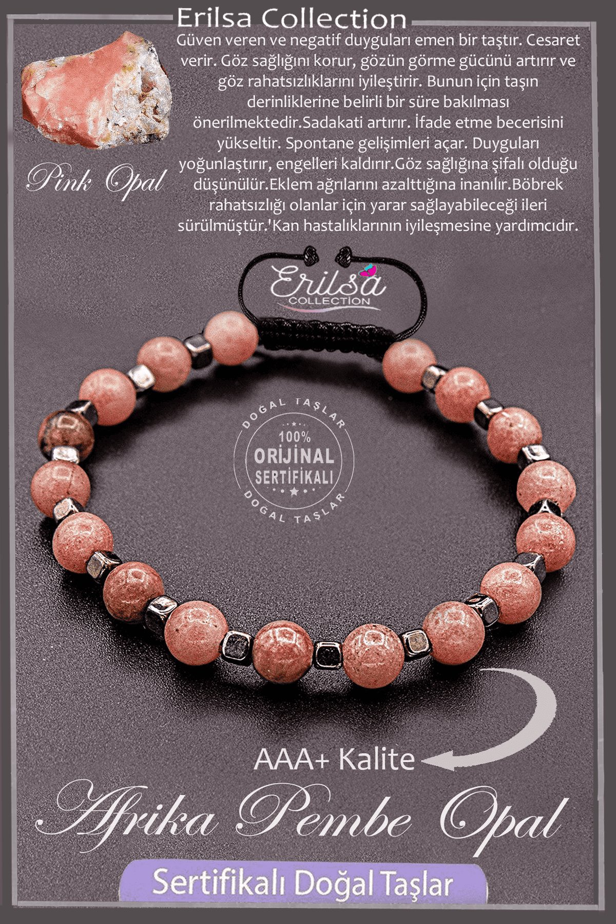 Sertifikalı AAA+ Kalite Gerçek Terahertz - Afrika Pembe Opal Taşı Bileklik