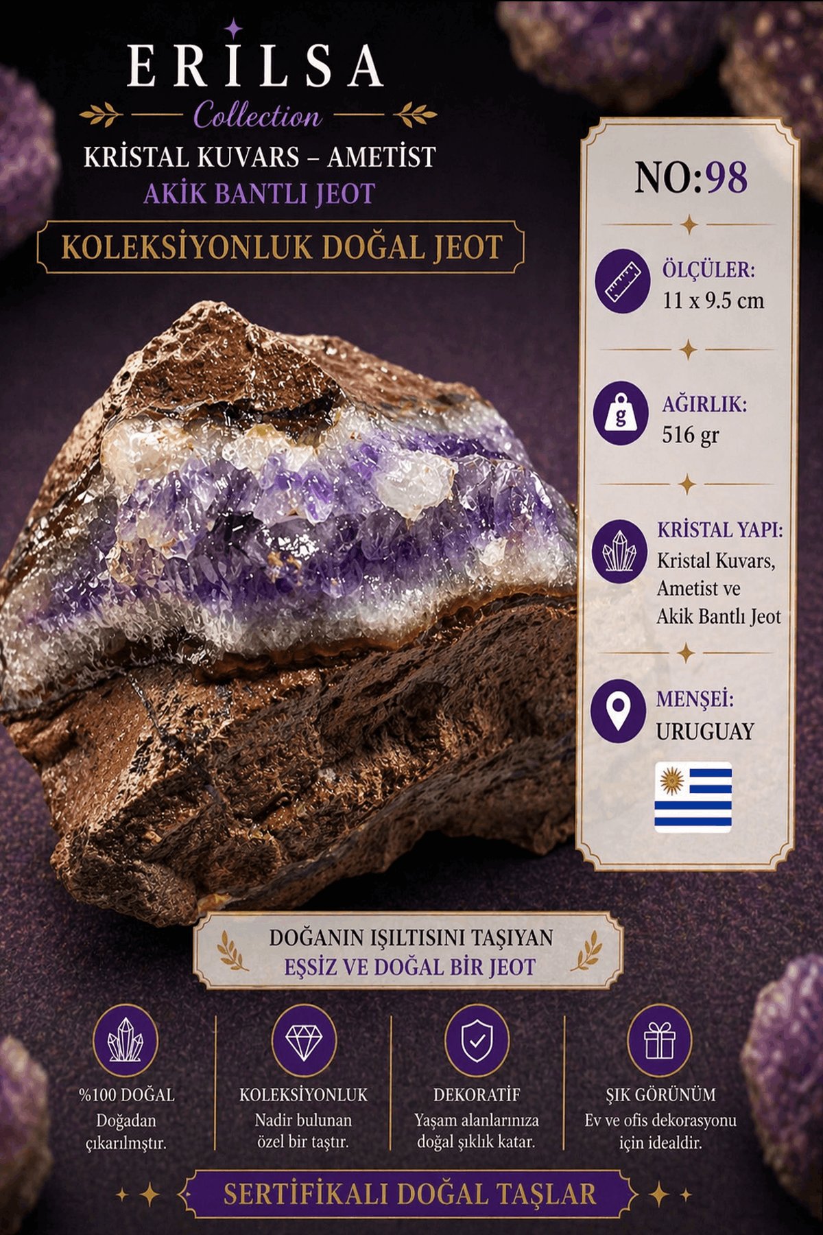 Sertifikalı Kristal Kuvars Ametist Akik Bantlı Jeot Doğal Taş Koleksiyonluk Dekoratif 11x9.5 NO98