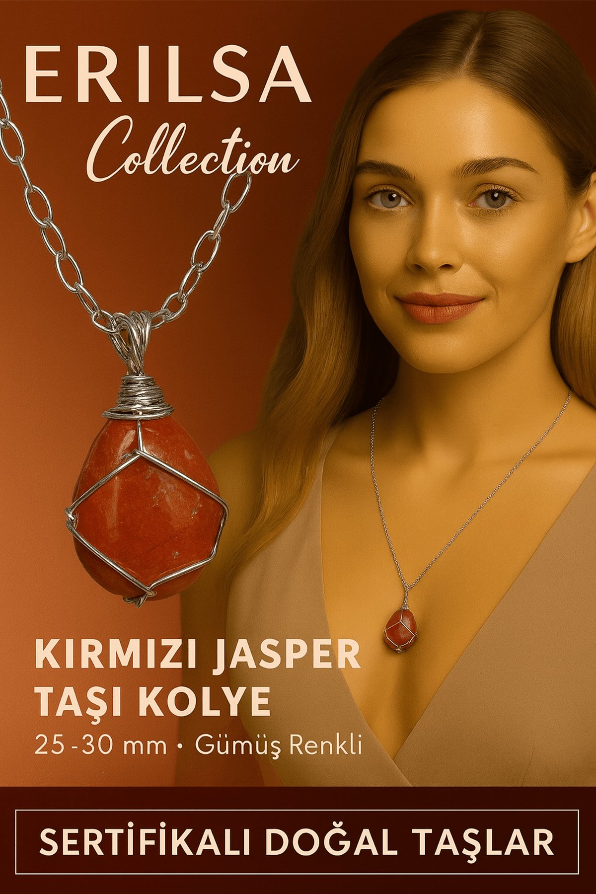 Sertifikalı Gümüş Tel Sargılı Doğal Kırmızı Jasper Taşı Kolye – 25-30 mm Enerji ve Güç Taşı