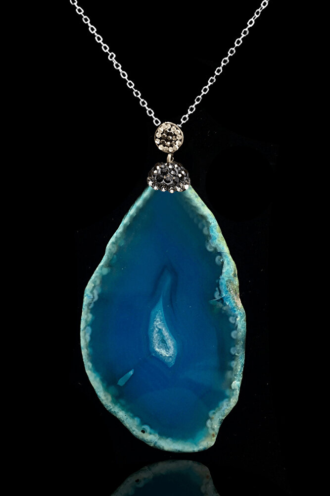 Sertifikalı Zirkon Taşlı Model Plaka Mavi Akik Taşı Kolye