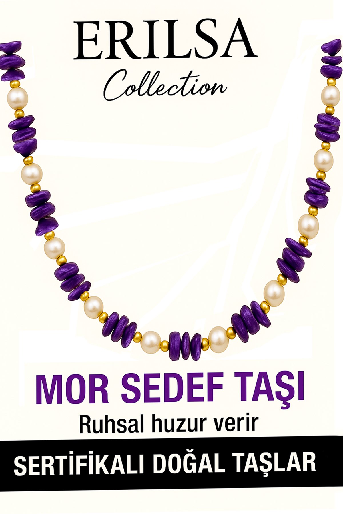 Sertifikalı Kırık Taşlı Model İnci - Mor Sedef Taşı Kolye