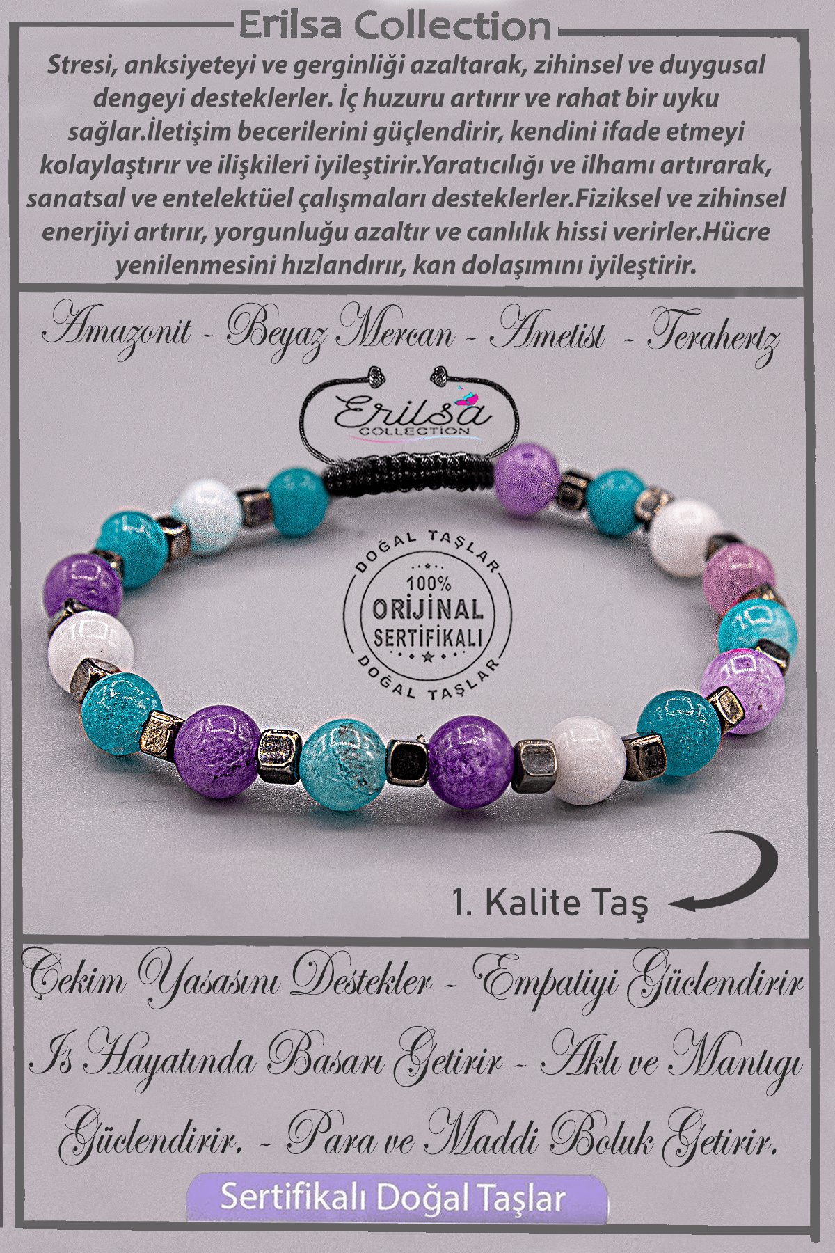 Sertifikalı AAA+ Kalite Gerçek Terahertz - Akuamarin - Ametist - Mercan Taşı Bileklik