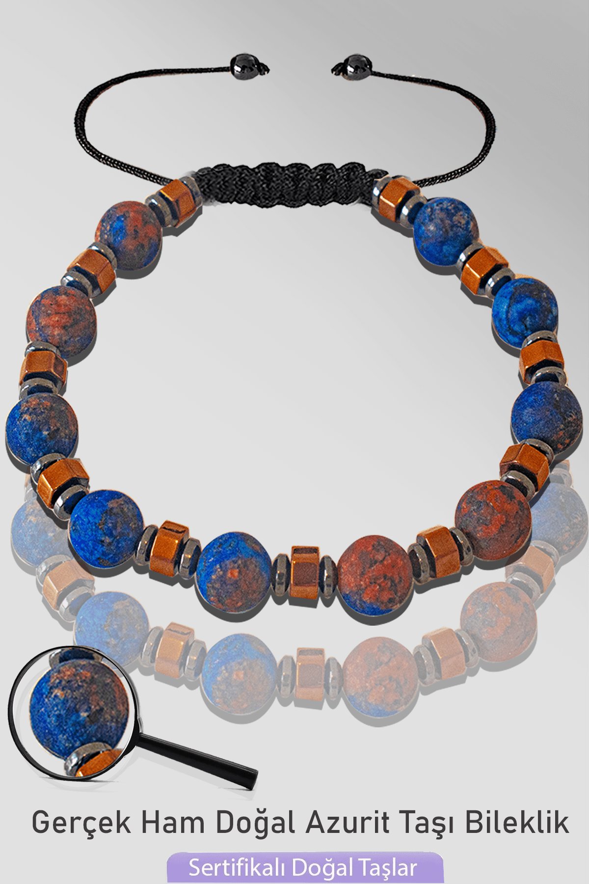 Sertifikalı Doğal Ham Azurit Taşı Bileklik - Ayarlamalı