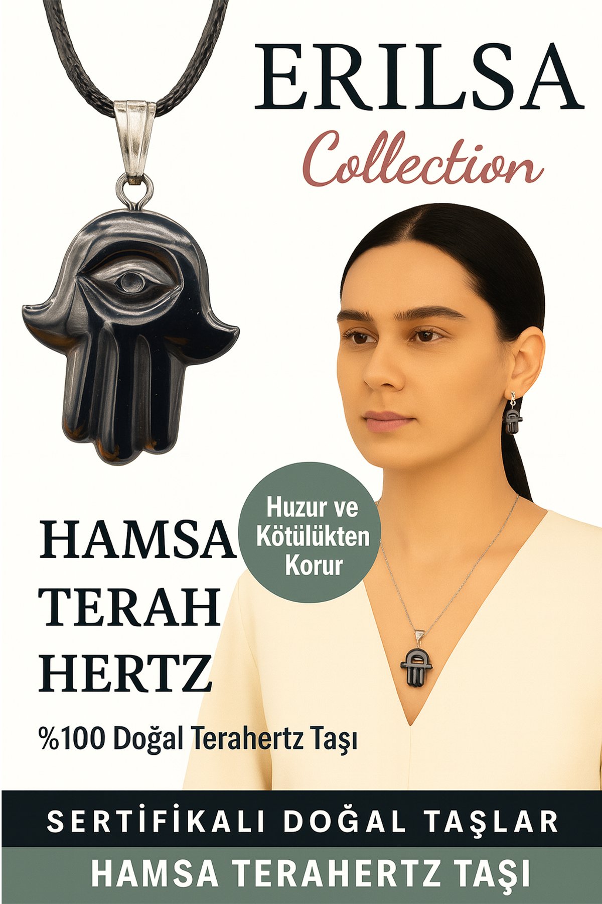 Sertifikalı Hamsa Terahertz Doğal Taş Kolye – Koruma Huzur Negatif Enerji Kalkanı