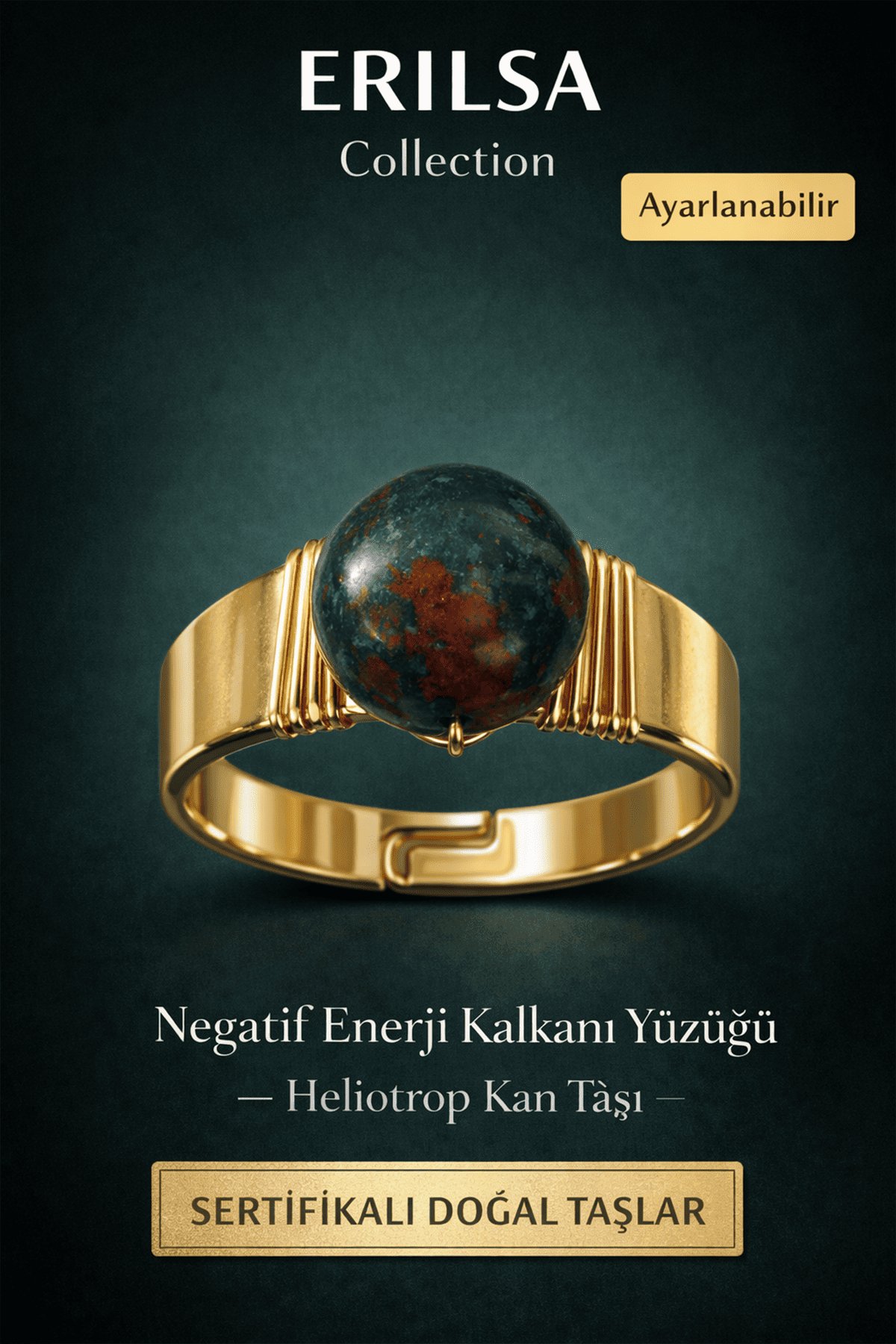 Sertifikalı Heliotrop Kan Taşı Doğal Taş Yüzük – Negatif Enerji Kalkanı Ayarlanabilir