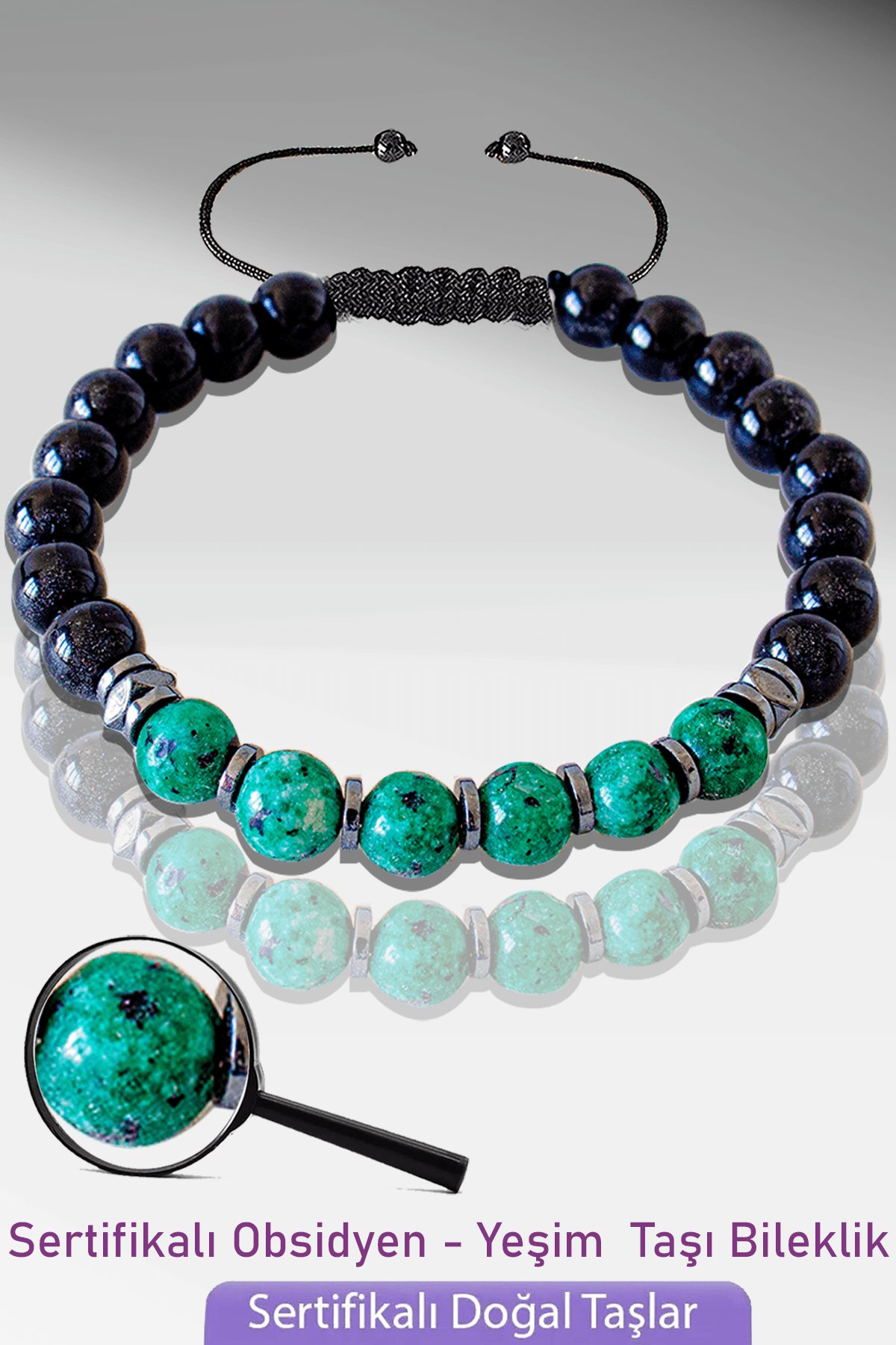 Sertifikalı Gerçek Doğal Obsidyen - Yeşim Taşı Bileklik - Ayarlamalı