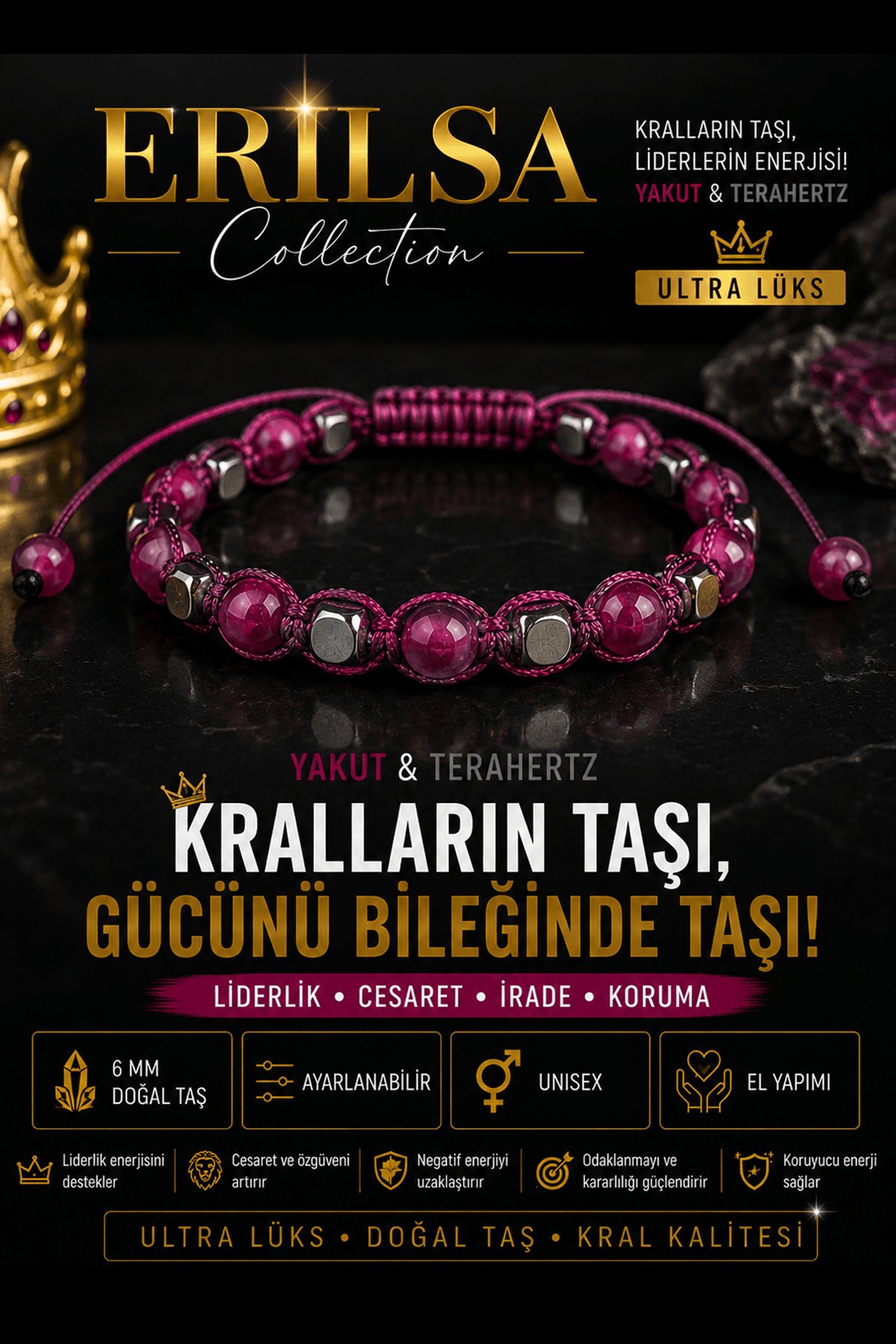 Sertifikalı Yakut Terahertz Doğal Taş Bileklik 6 MM Ayarlanabilir Unisex Ultra - Kralların Taşı