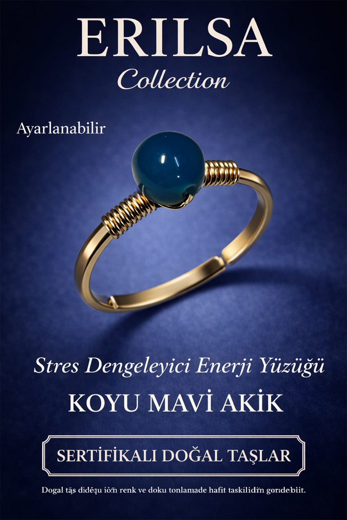 Sertifikalı Stres Dengeleyici Enerji Yüzüğü – Koyu Mavi Akik Ayarlamalı Gold İnce Oğlak Kova Burcu