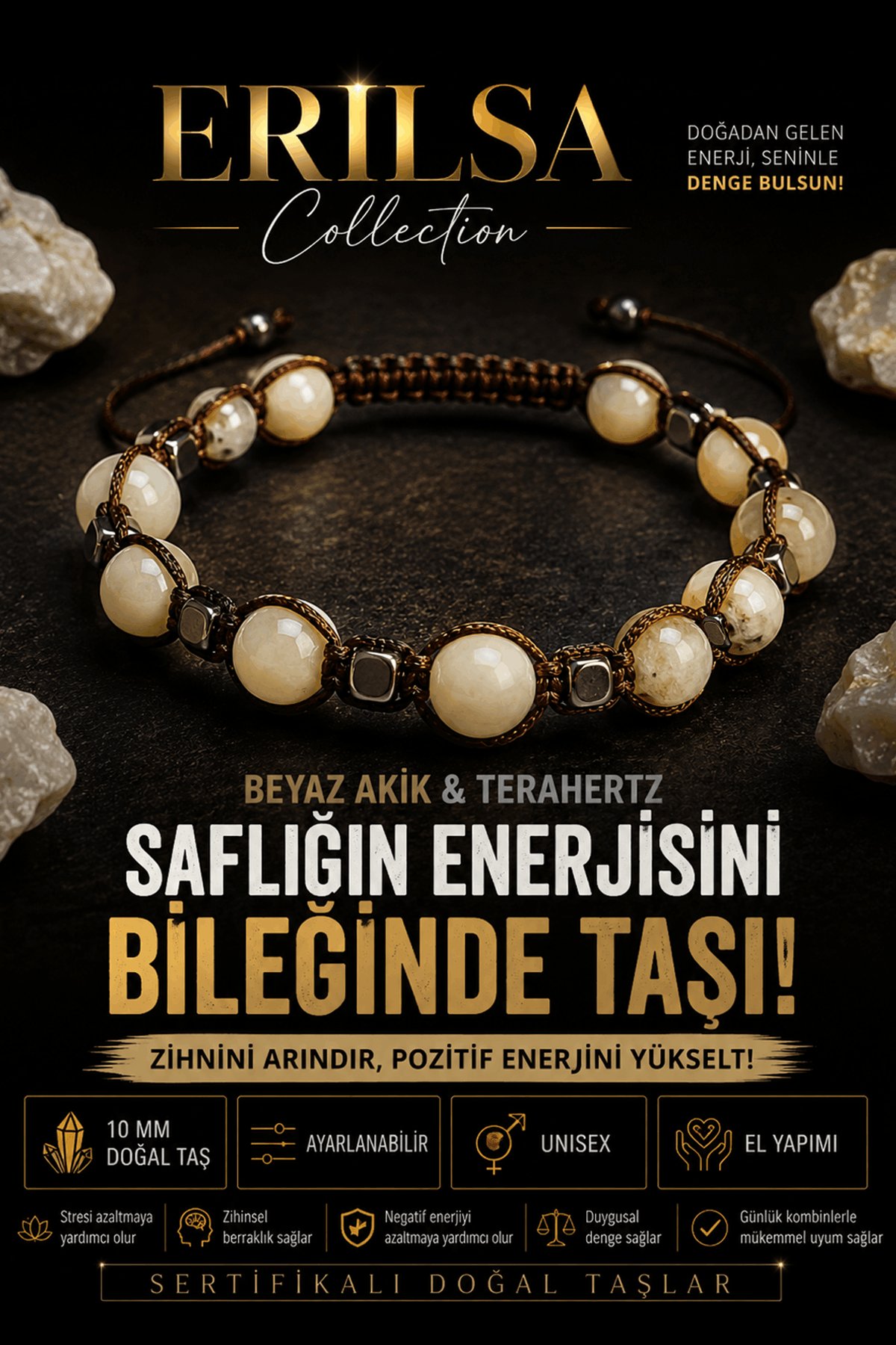 Sertifikalı Beyaz Akik Terahertz Doğal Taş Bileklik - Ayarlanabilir Unisex Saflığın Enerjisi