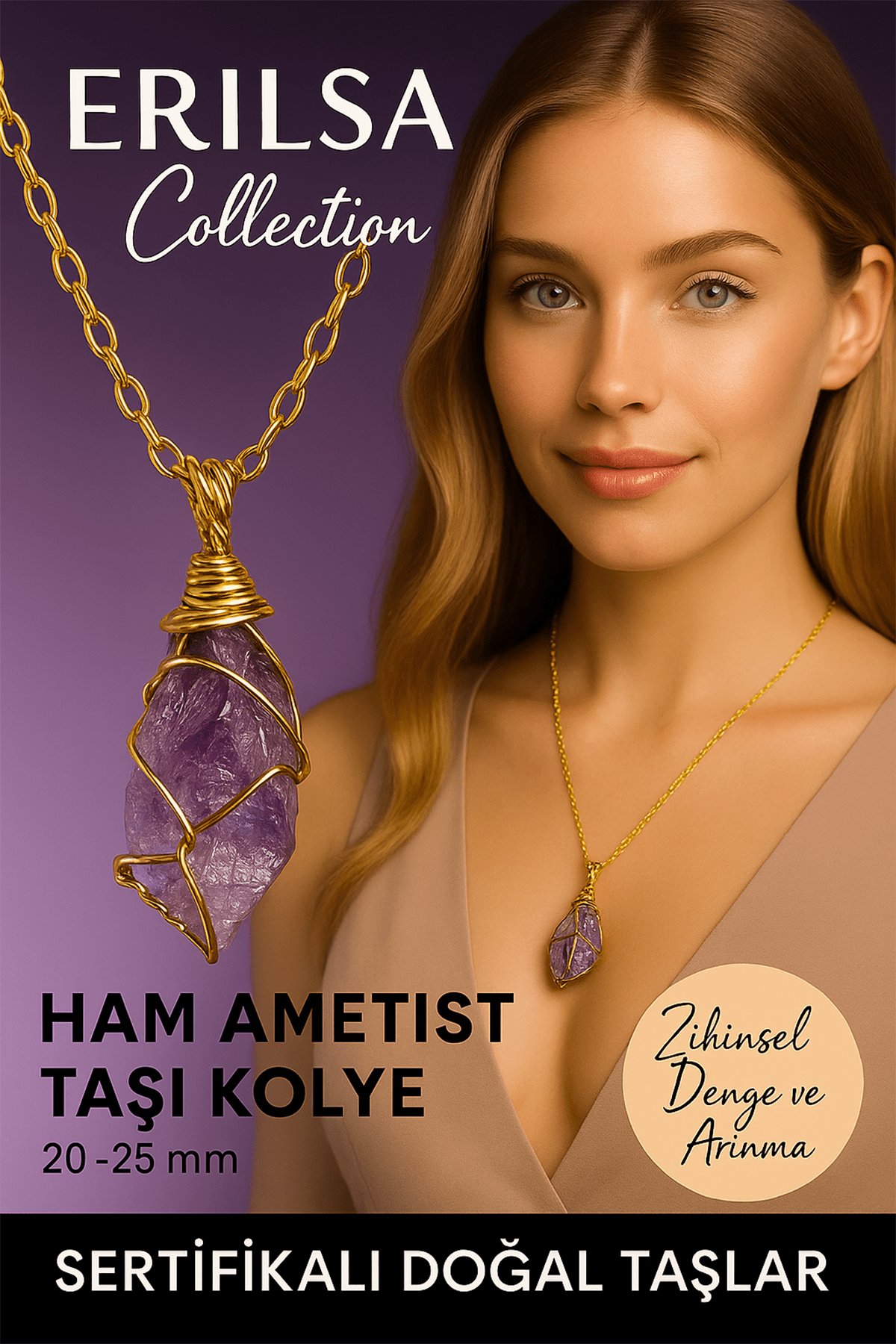 Sertifikalı Tel Sargılı Gold Renkli Doğal Ham Ametist Taşı Kolye – Zihinsel Denge ve Arınma Taşı