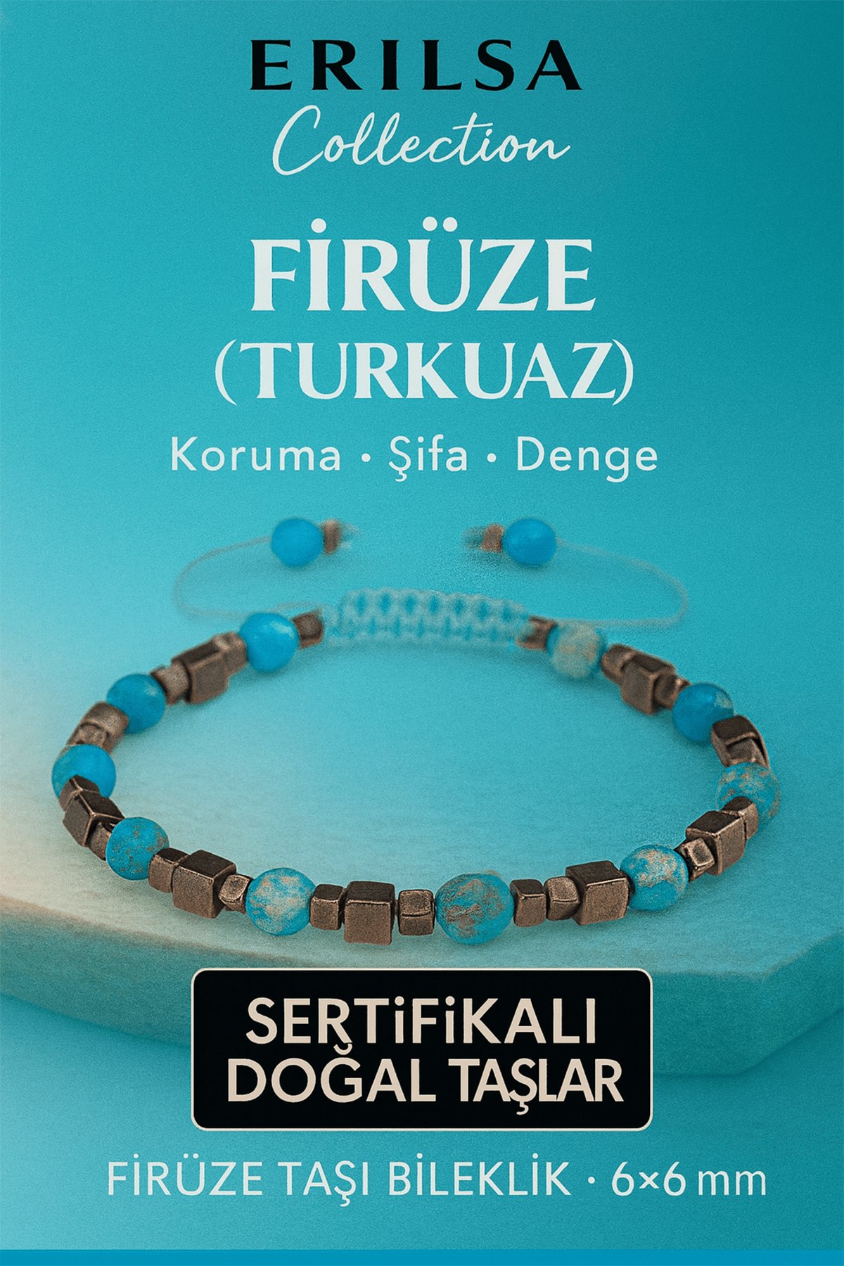 Sertifikalı Doğal Terahertz Firuze (Turkuaz) Taşı Bileklik 6x6 mm - Koruma ve Şifa Taşı