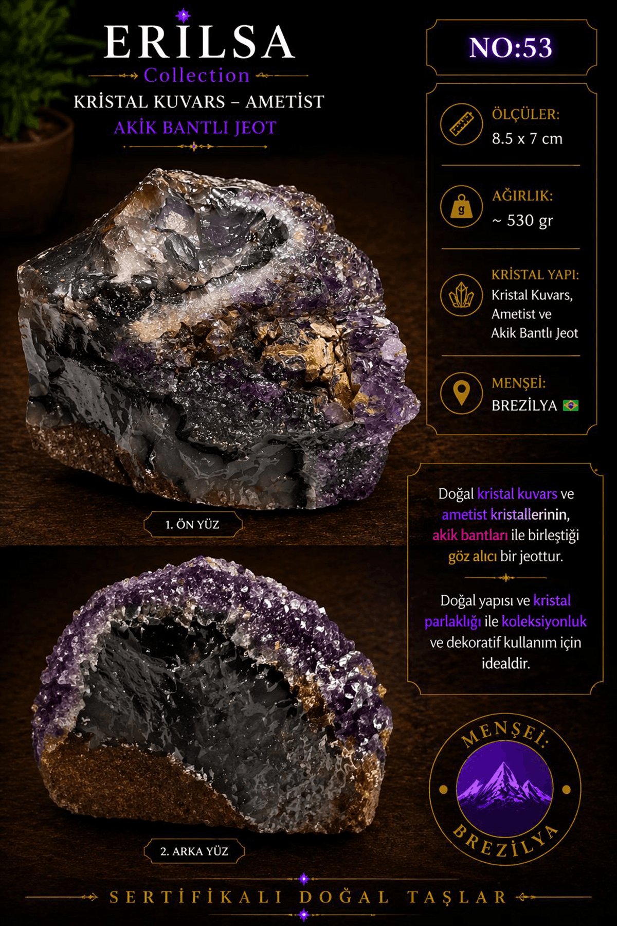 Sertifikalı Kristal Kuvars Ametist Akik Bantlı Jeot Koleksiyonluk Doğal Taş NO53