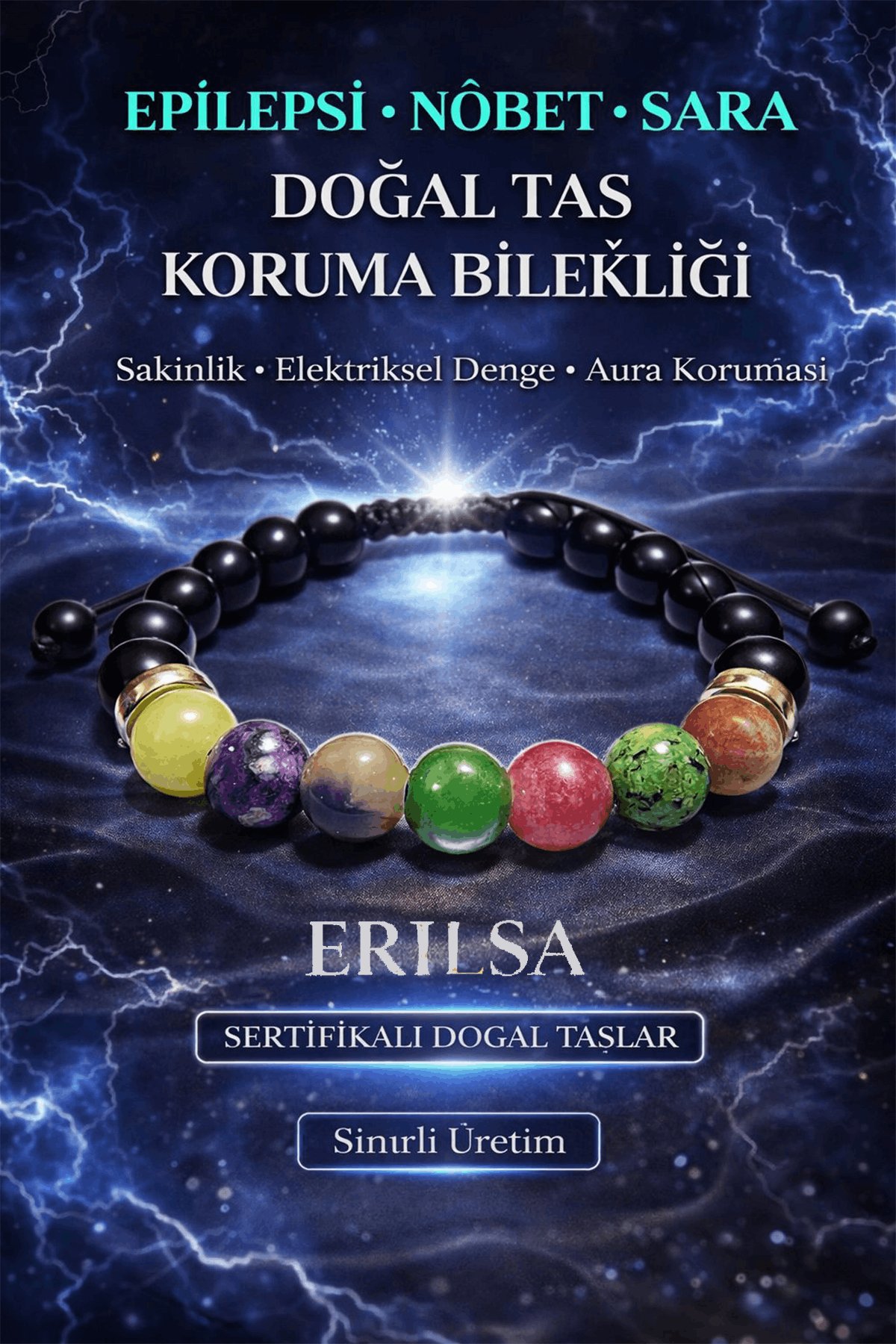 Sertifikalı Doğal Taş Epilepsi Denge Koruma Bilekliği - Yeşim Çeroit Jasper Yeşim Gül Kuvars Kalsit