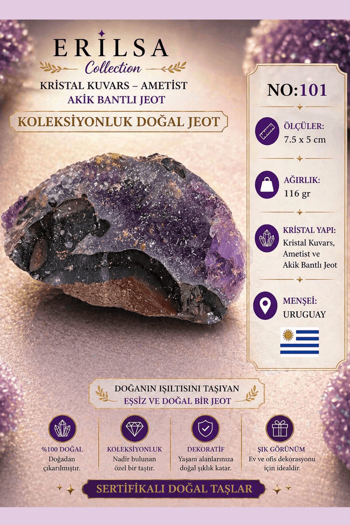 Sertifikalı Kristal Kuvars Ametist Akik Bantlı Jeot Doğal Taş Koleksiyonluk 7.5x5 cm 116 gr NO101