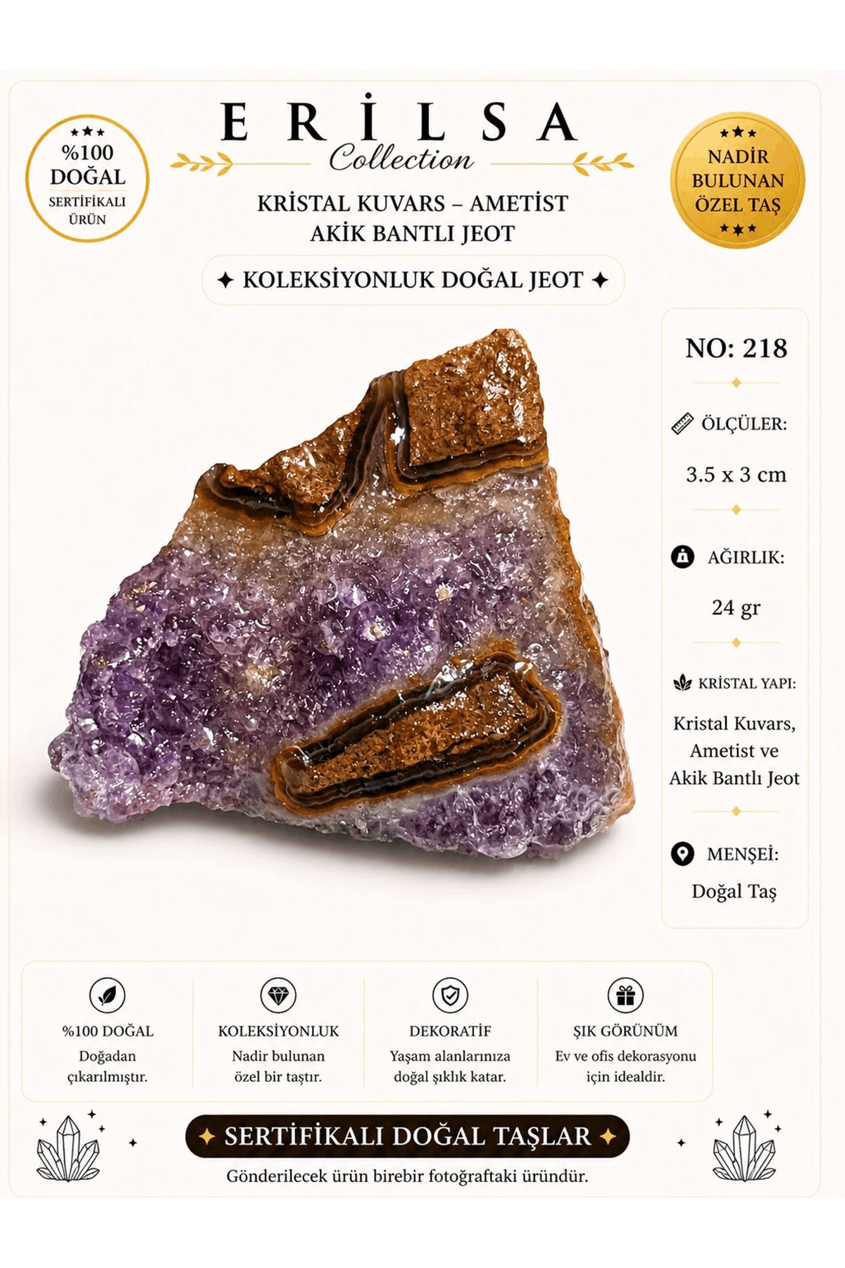 Sertifikalı Kristal Kuvars Ametist Akik Bantlı Jeot Koleksiyonluk Doğal Taş Dekoratif Obje NO 218