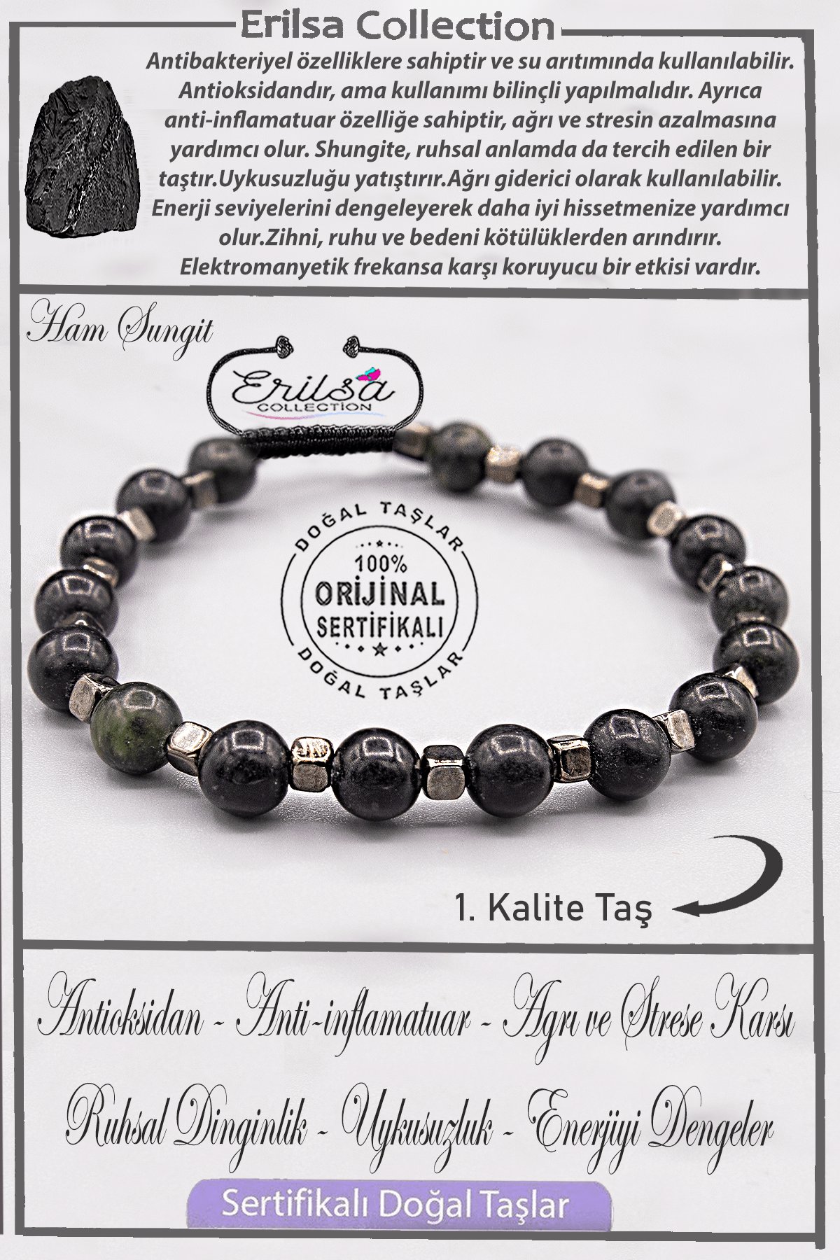 Sertifikalı AAA+ Kalite Gerçek Terahertz - Şungit Taşı Bileklik (Shungite)