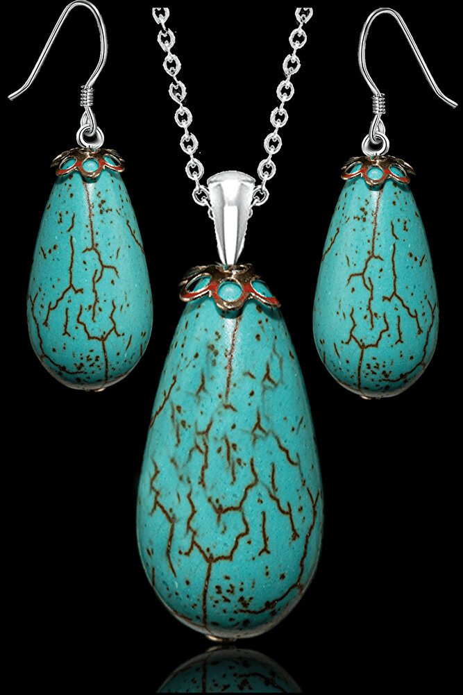 Sertifikalı 1.kalite Damla Kesim Firuze Taşı Kolye Ve Küpe Seti