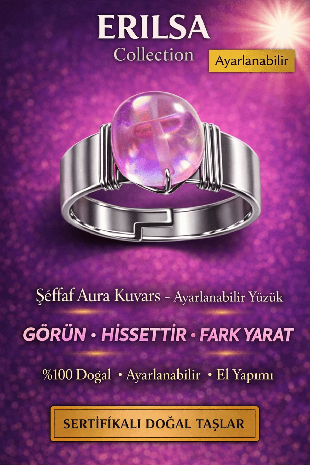 Sertifikalı Şeffaf Pembe Aura Kuvars Yüzük Doğal Taş Ayarlanabilir El Yapımı Parlak Tasarım