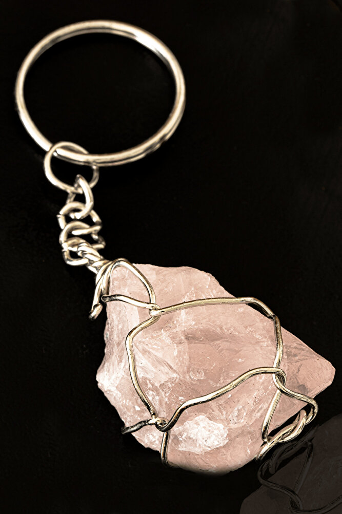 Sertifikalı Tel Sargılı Ham Işlenmemiş Pembe Kuvars Taşı Anahtarlık