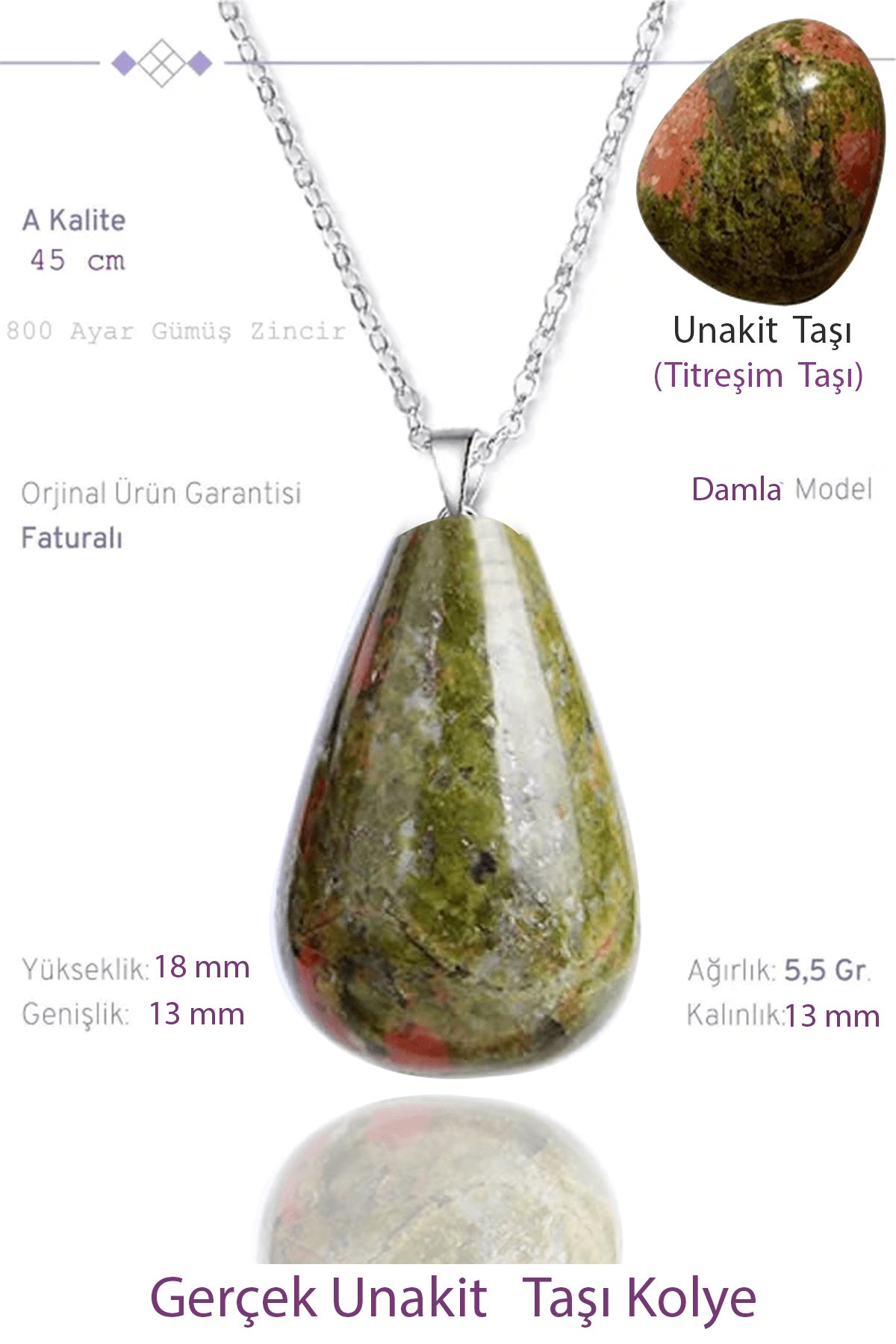 Sertifikalı Damla Model Gerçek Unakit Taşı Kolye