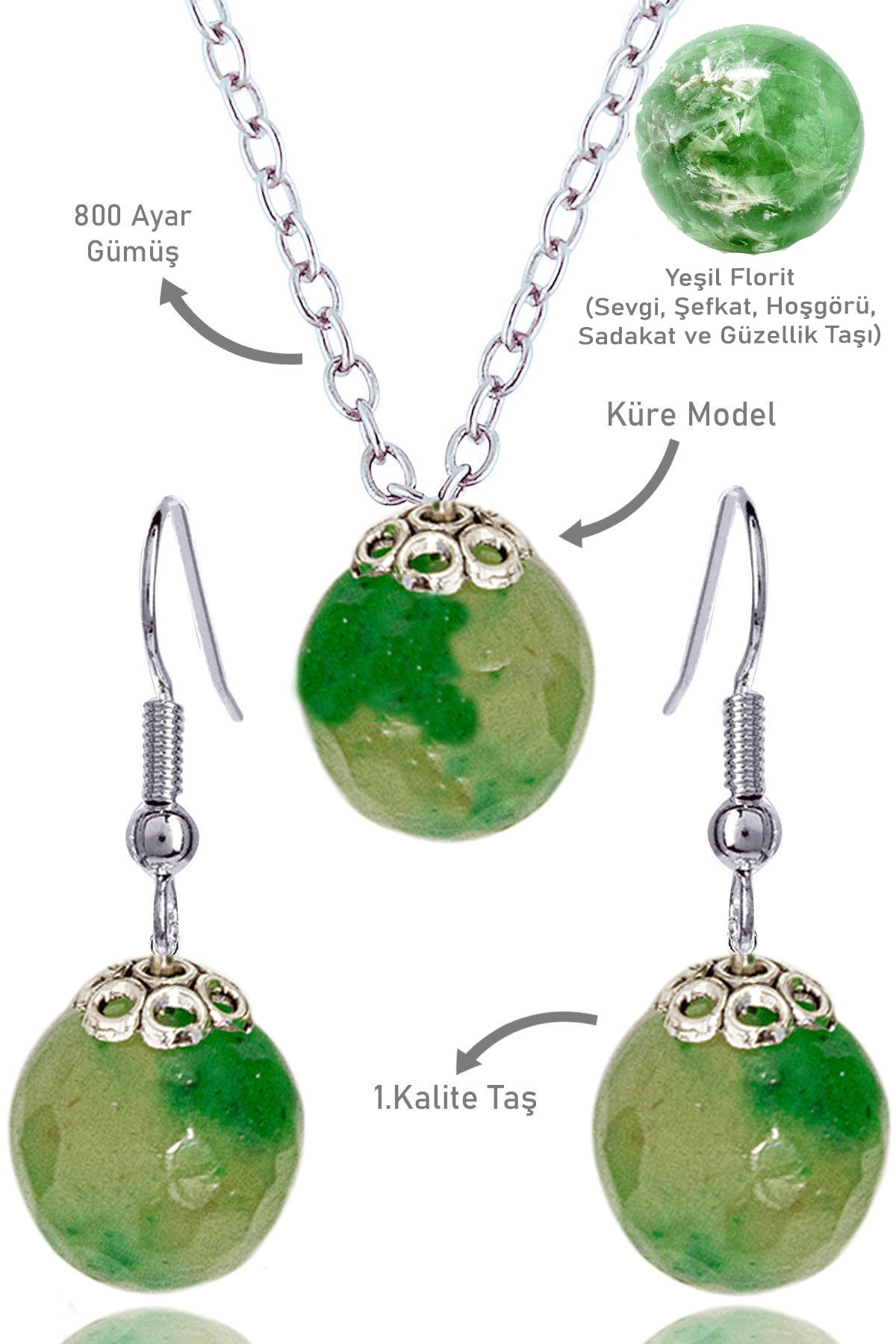 Sertifikalı Küre Model Yeşil Florit Taşı Kolye ve Küpe Seti - Gümüş Aparatlı