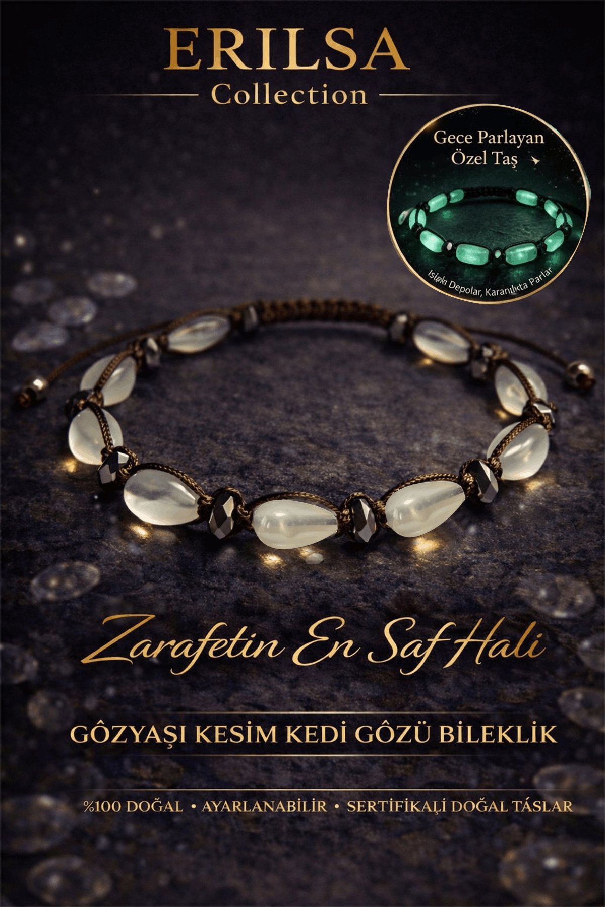 Sertifikalı Kedi Gözü Bileklik - 9mm Gözyaşı Fosforlu Gece Parlayan Akrilik Kehribar Makrome