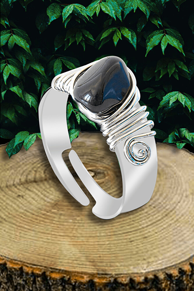 Sertifikalı Kalın Tımbıl Gümüş Model Obsidyen Taşı Yüzük - Ayarlamalı