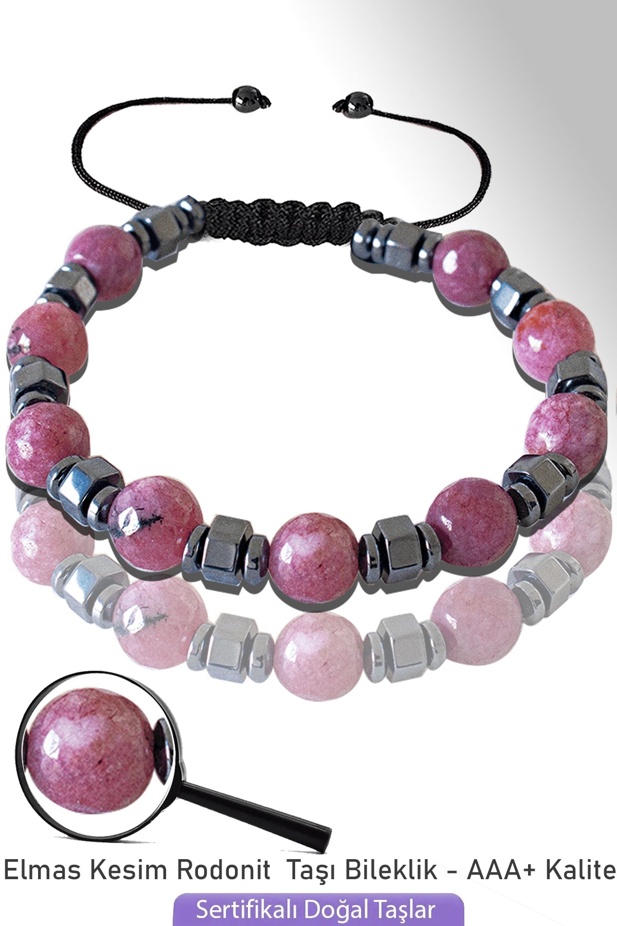Sertifikalı Fasetli Hematitli Rodonit Taşı Bileklik - Ayarlamalı