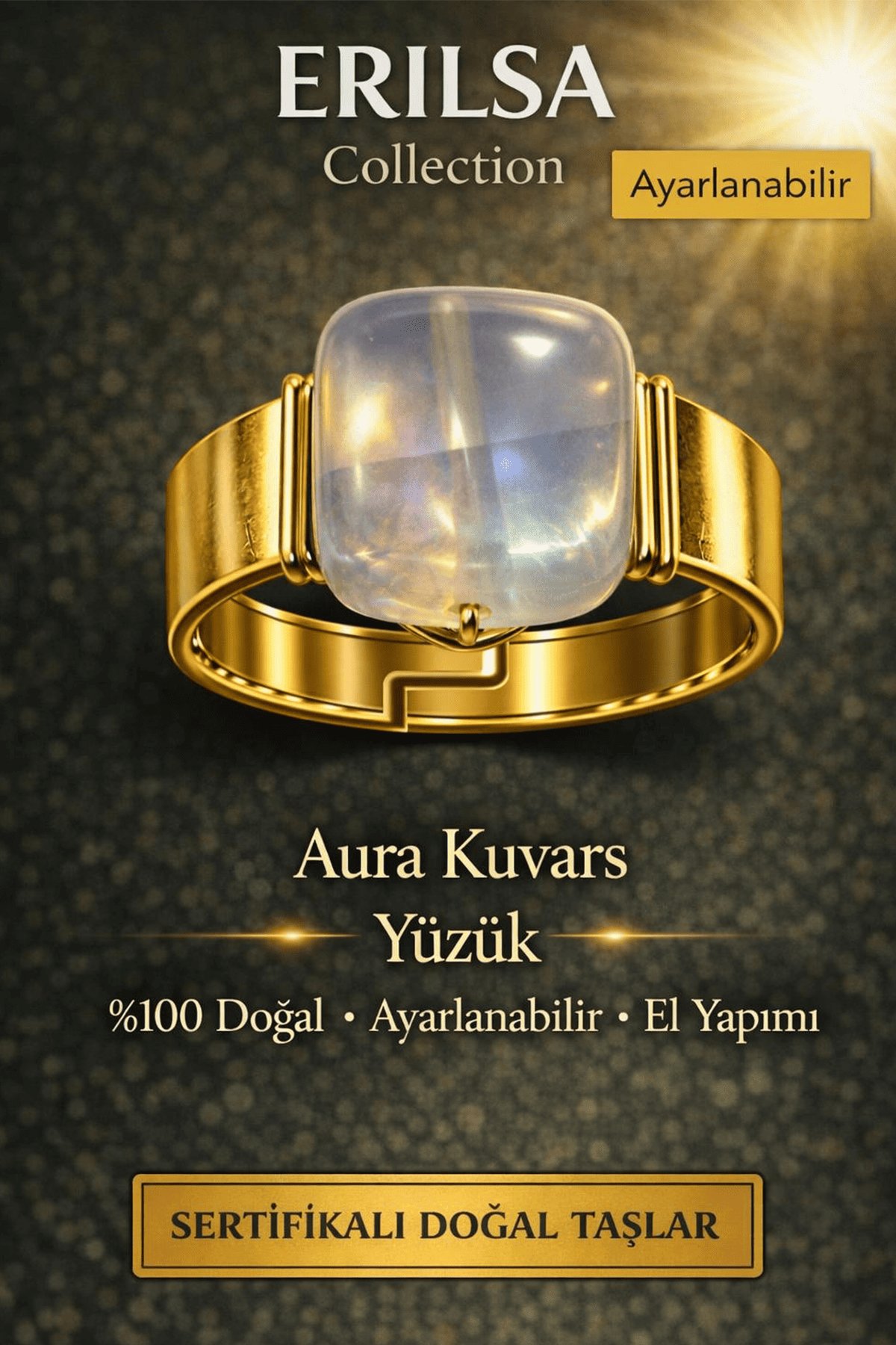 Sertifikalı Aura Kuvars Yüzük Doğal Taş Yüzük Ayarlanabilir El Yapımı Enerji Taşı