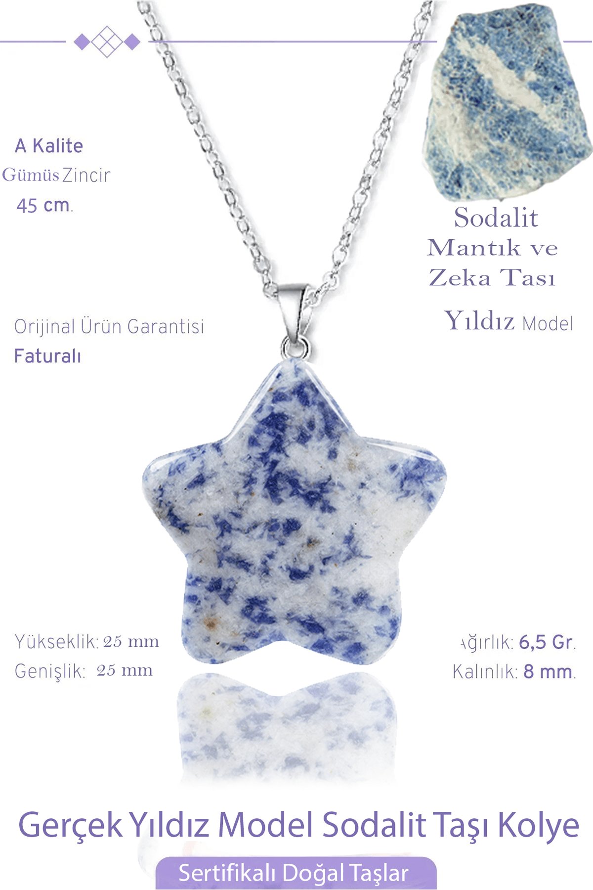 Sertifikalı Gerçek Yıldız Model Sodalit Taşı Kolye - Gümüş Aparatlı