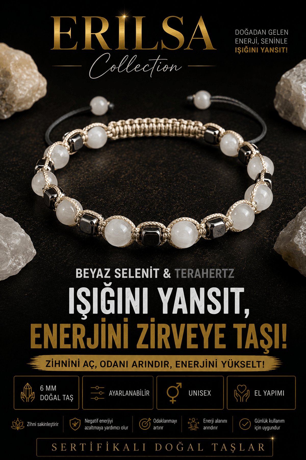 Sertifikalı Beyaz Selenit Terahertz Doğal Taş Bileklik Ayarlanabilir Unisex - Zihnini Aç Odaklanma