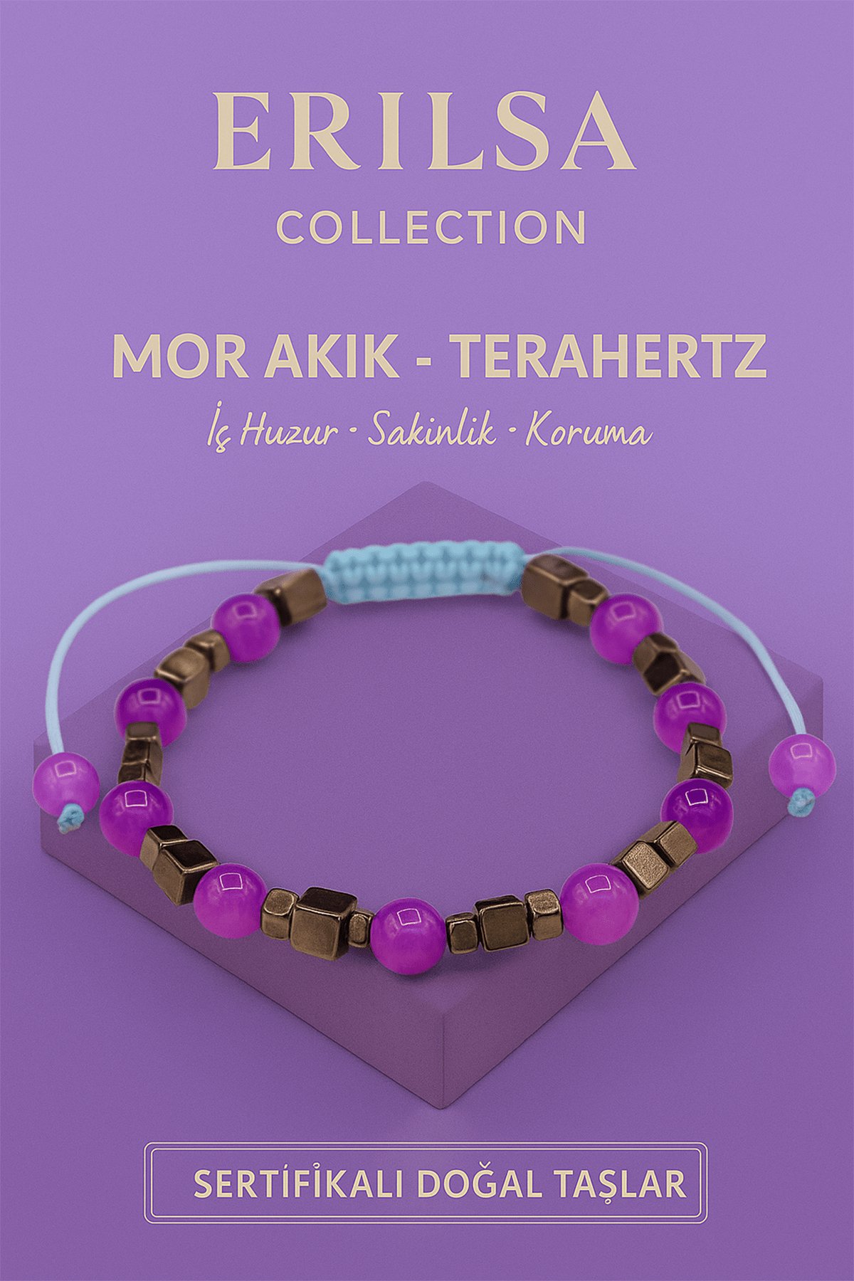 Sertifikalı Terahertz Mor Akik Doğal Taş Bileklik - Sakinlik Koruma Enerji Denge Taşı