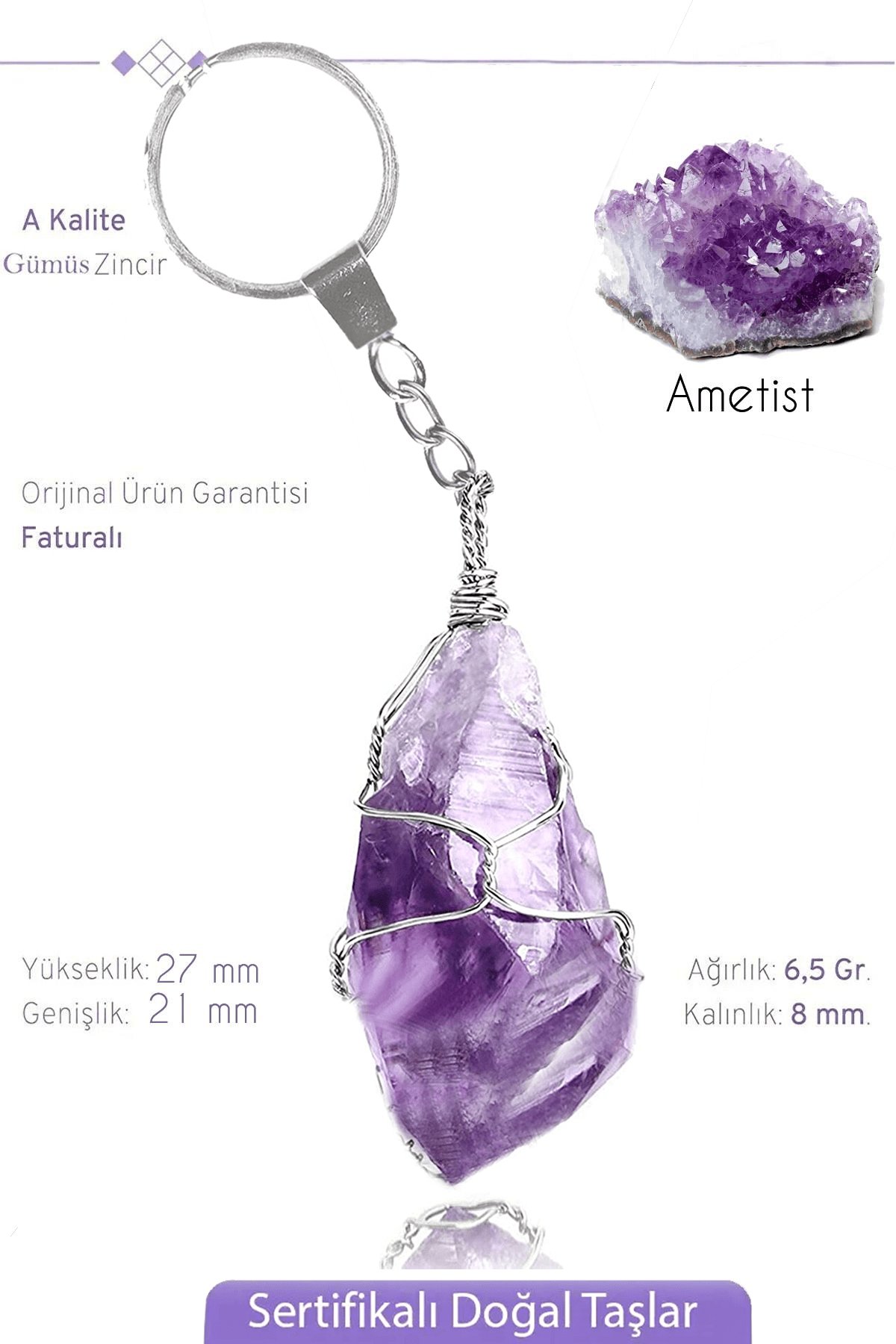 Sertifikalı Ham İşlenmemiş AAA+ Ametist Taşı Anahtarlık - Tel Sargılı