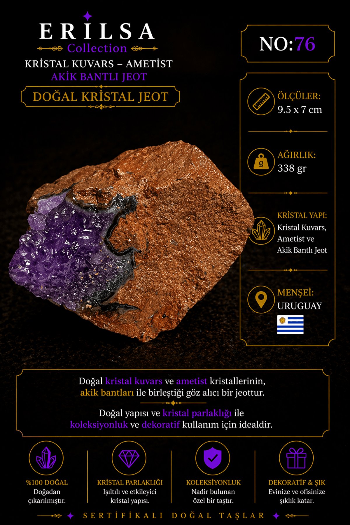 Sertifikalı Doğal Ametist Jeodu Akik Bantlı Kristal Kuvars Büyük Boy Ham Kaya Uruguay NO76