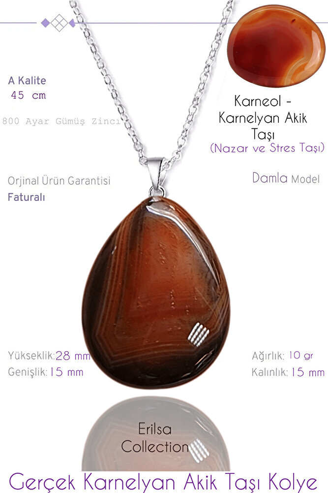 Sertifikalı Damla Model Karnelyan Akik Taşı Kolye - Küçük Boy