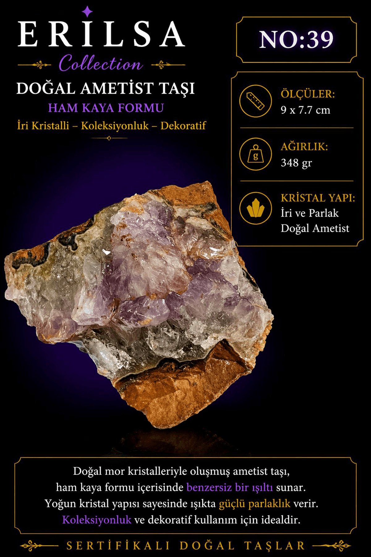 Sertifikalı Doğal Ametist Taşı Ham Kaya İri Kristalli Koleksiyonluk Dekoratif NO39