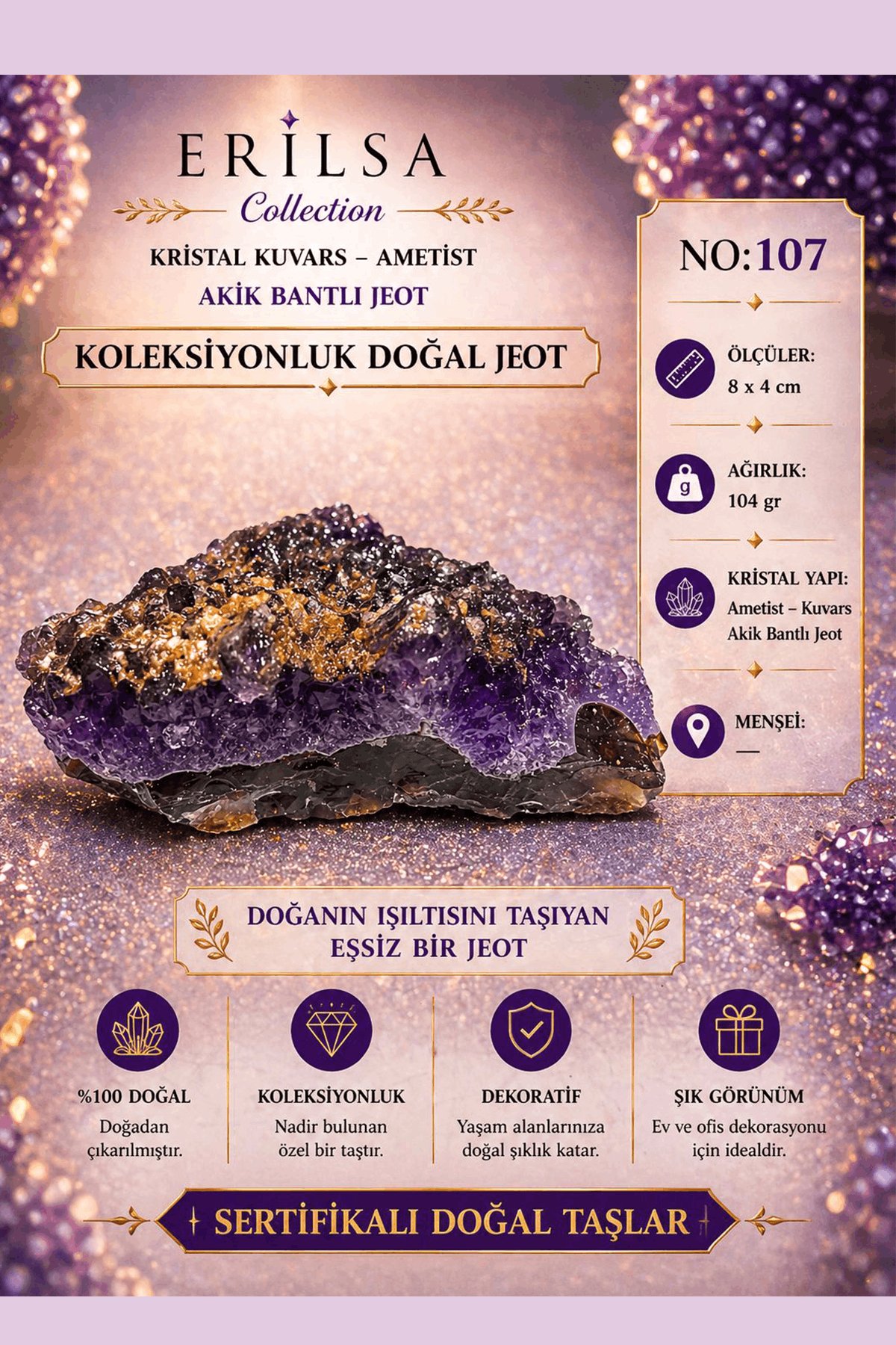 Sertifikalı Kristal Kuvars Ametist Akik Bantlı Jeot Doğal Taş Koleksiyonluk 8x4 cm 104 gr NO107
