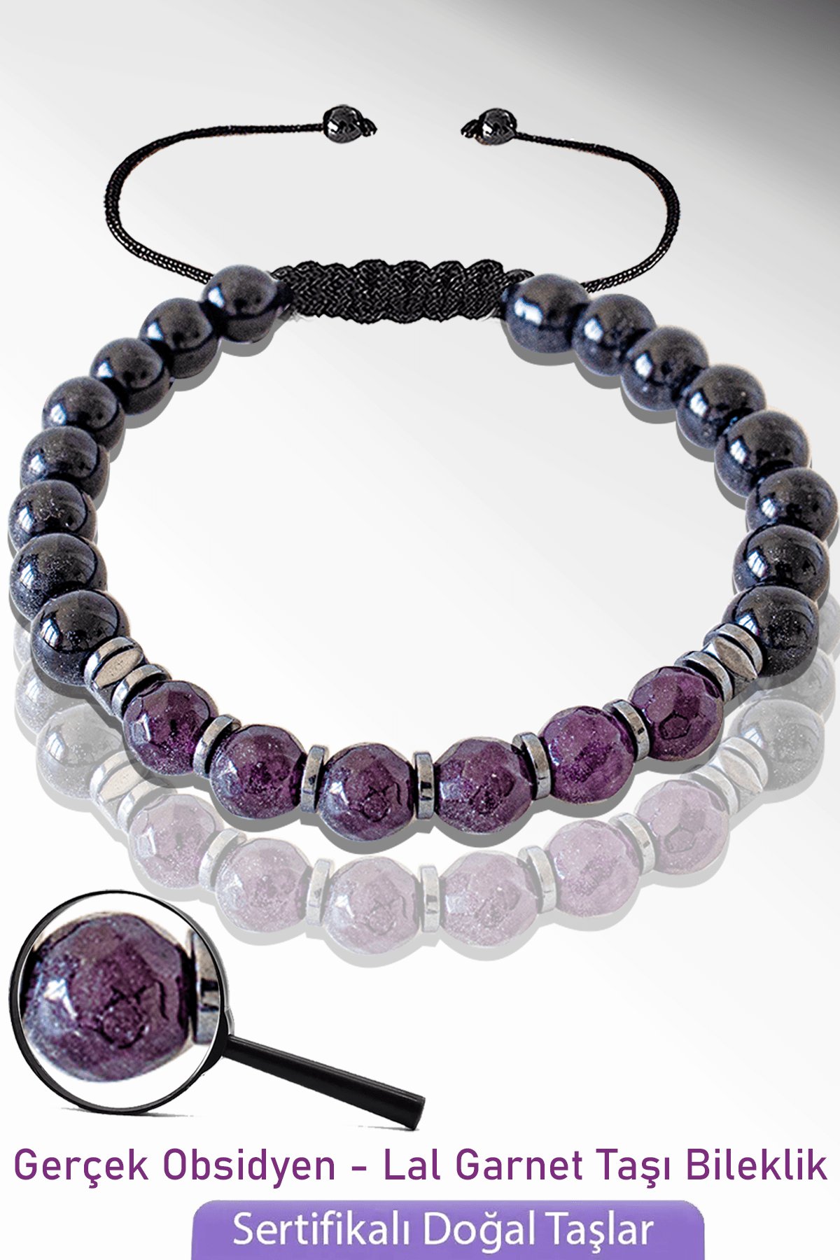 Sertifikalı Doğal Obsidyen - Lal Garnet Granat Taşı Bileklik - Ayarlamalı