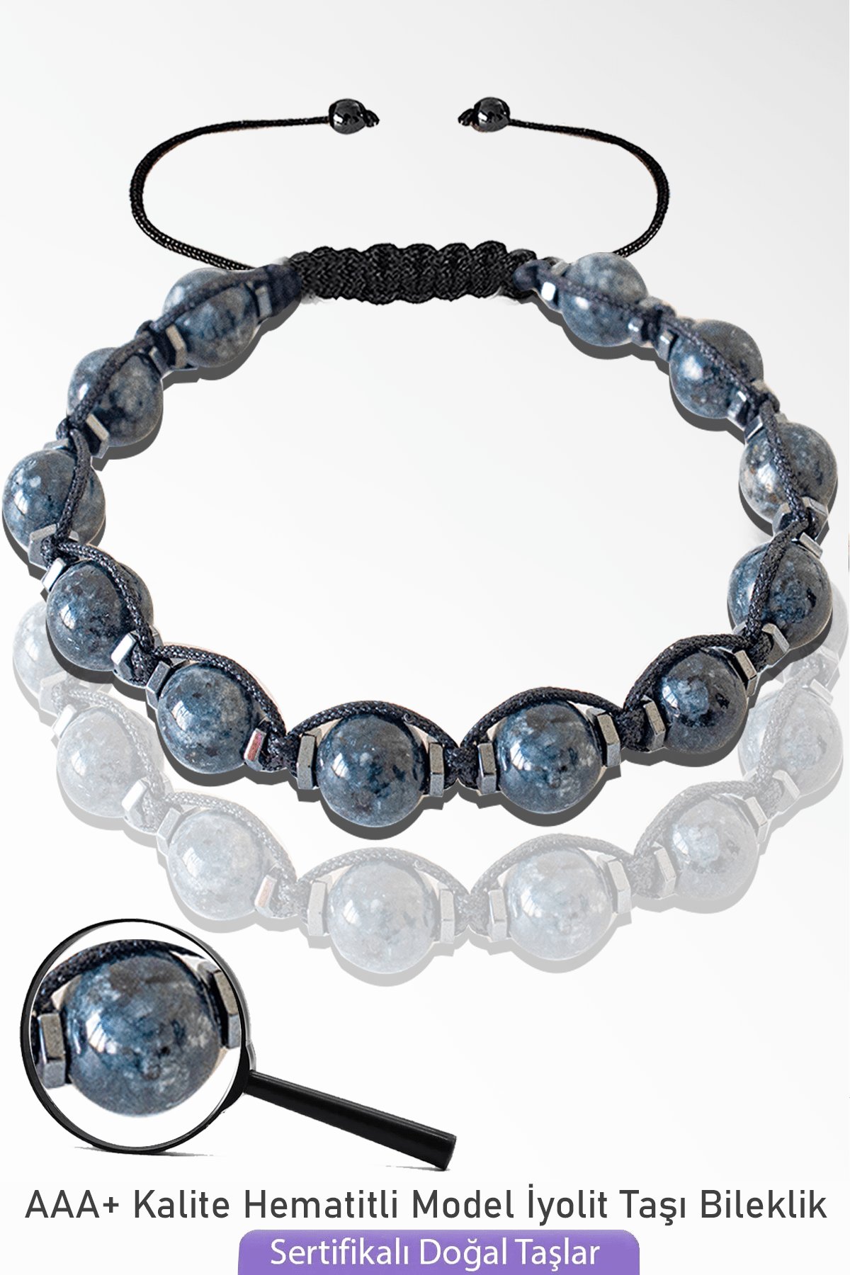 Sertifikalı Makrome İyolit Taşı Bileklik - Ayarlamalı - Su Safiri