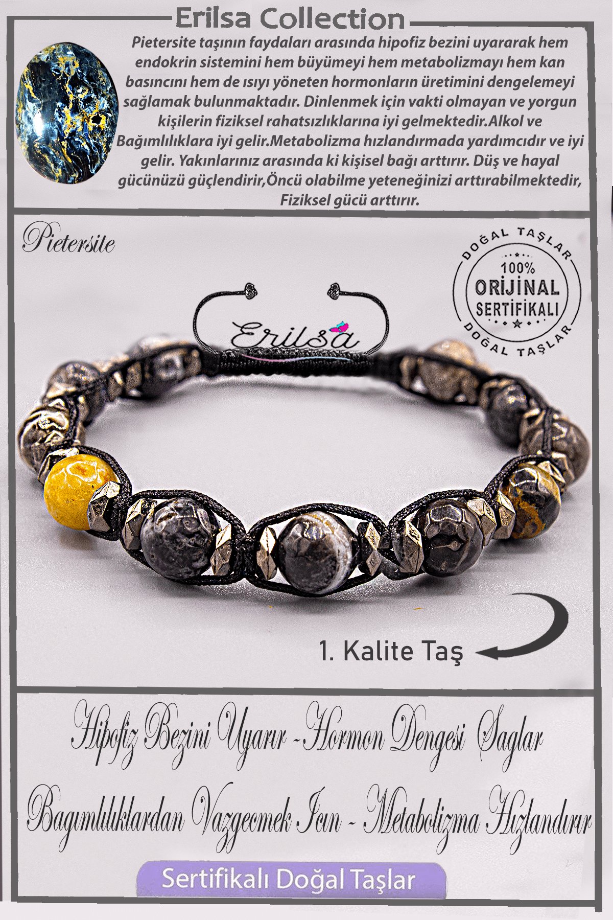 Sertifikalı AAA+ Kalite Gerçek Terahertz - Pietersit Taşı Bileklik - Ayarlamalı