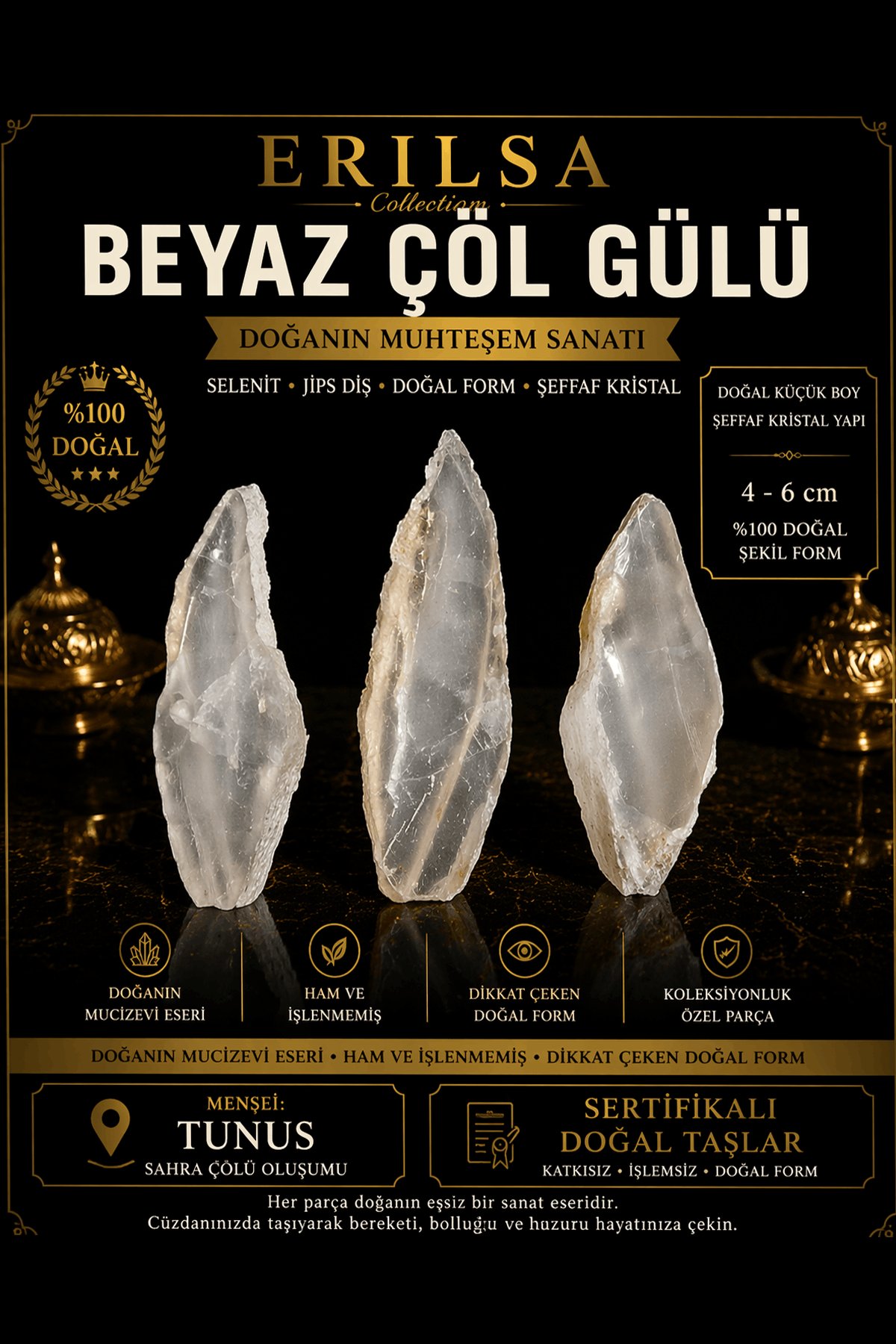 Sertifikalı Beyaz Çöl Gülü Selenit Taşı Kütle - 4-6 cm Şeffaf Kristal Doğal Ham Koleksiyonluk