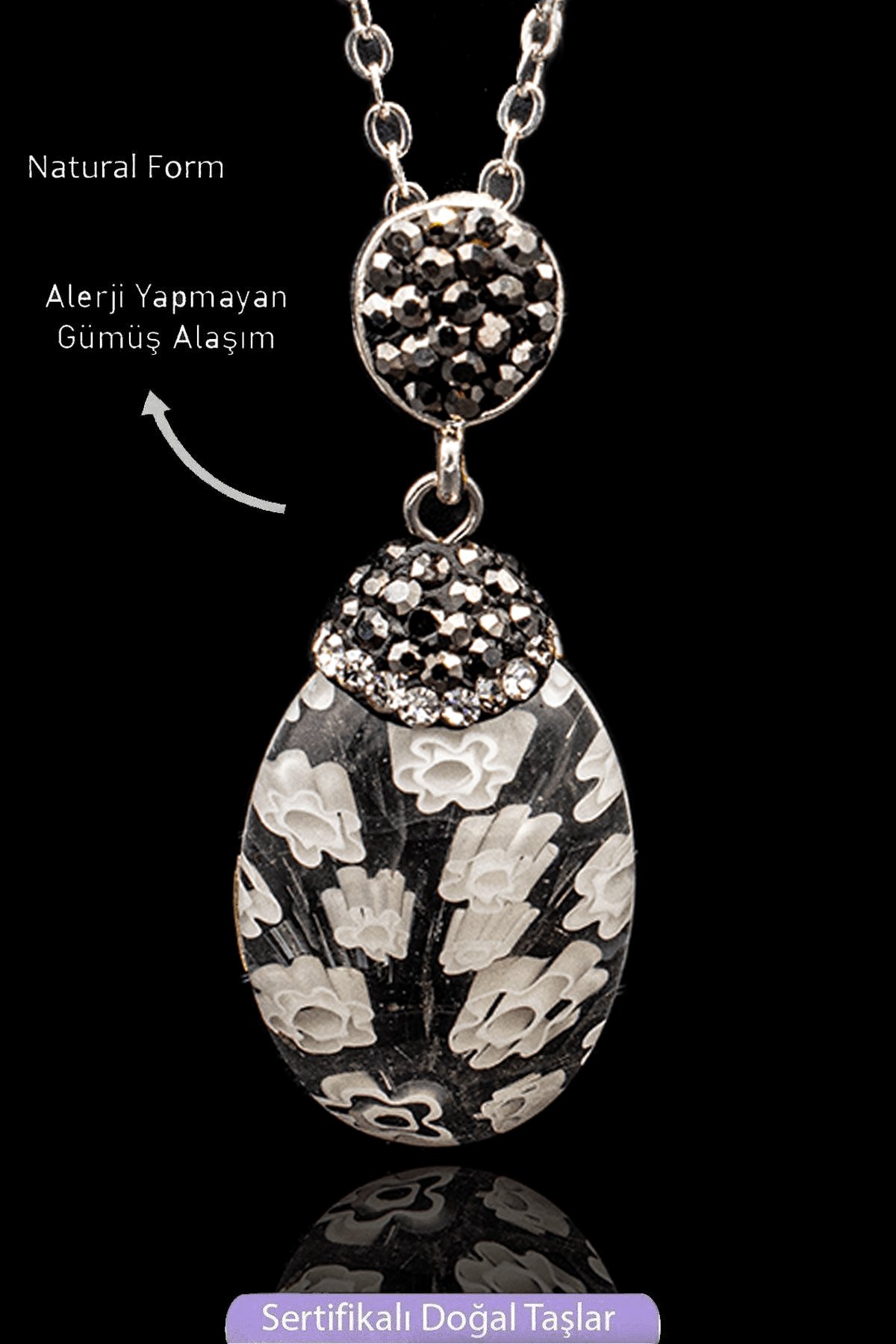 Sertifikalı Zirkon Taşlı Model Beyaz Renkli Murano Kuvars Taşı Kolye