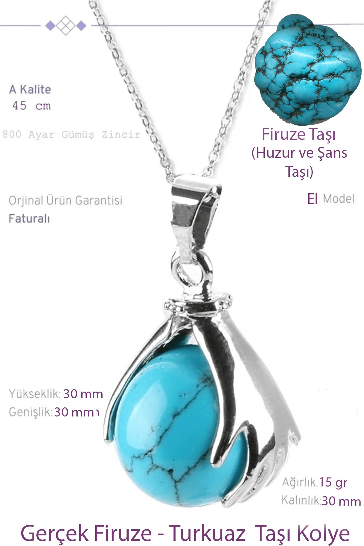 Sertifikalı El Pençe Model Gerçek Firuze (Turkuaz) Taşı Kolye