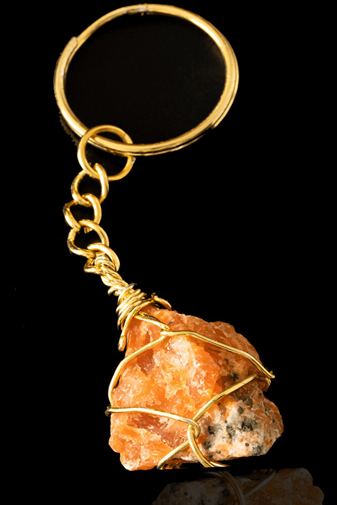 Sertifikalı Tel Sargılı Ham Işlenmemiş Güneş Taşı Anahtarlık - Altın Kaplama