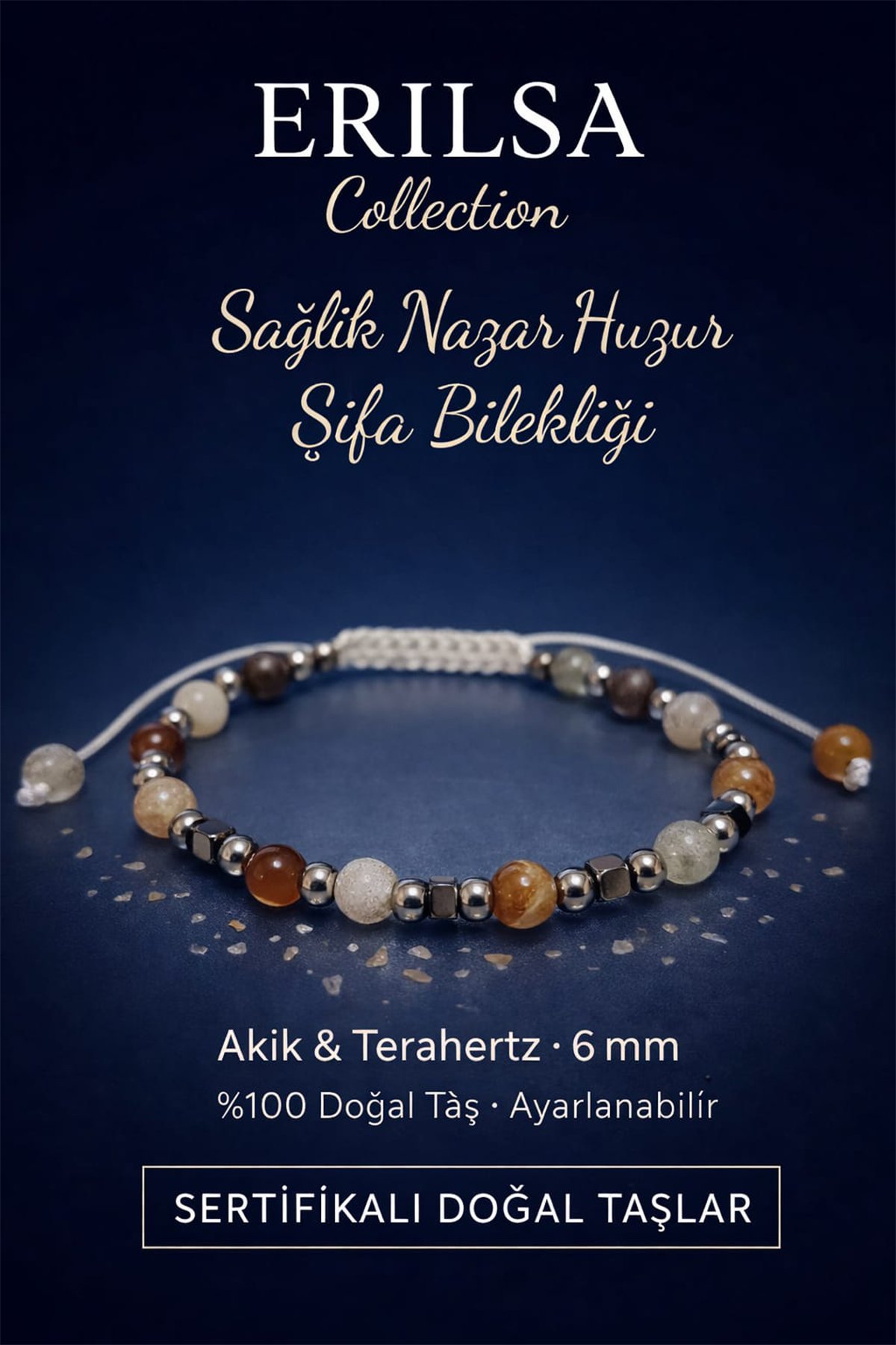 Sertifikalı Sağlık Nazar Huzur Şifa Bilekliği - Akik ve Terahertz Doğal Taş 6 mm Ayarlanabilir