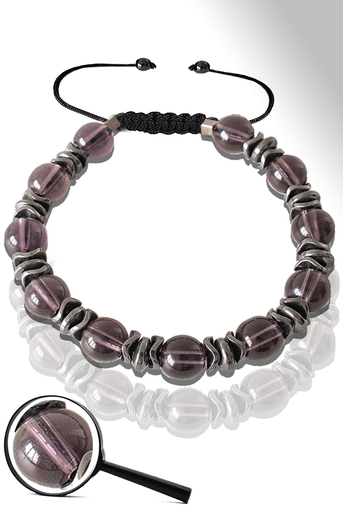 Sertifikalı Füme Hematitli Fuşya Cam Kuvars Taşı Bileklik - Ayarlamalı