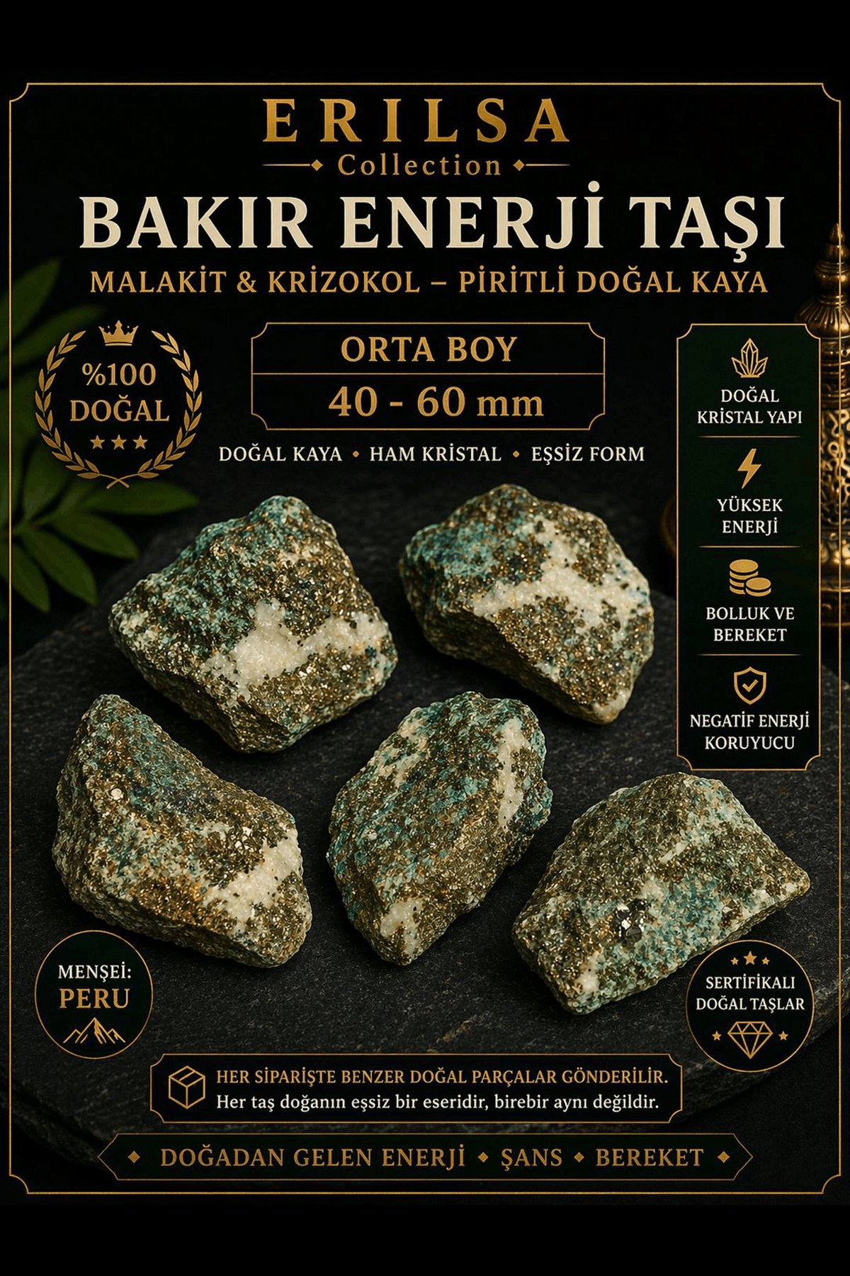 Sertifikalı Doğal Bakır Enerji Taşı Kütle - Malakit Krizokol Piritli Kaya 40-60 mm Orta Boy
