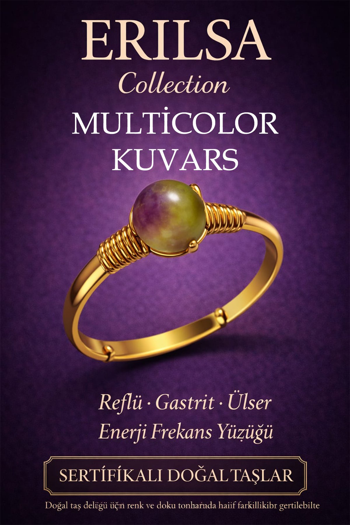 Sertifikalı Enerji Frekans Yüzüğü – Multicolor Kuvars Ayarlamalı Gold İnce Kasa İkizler Başak Balık