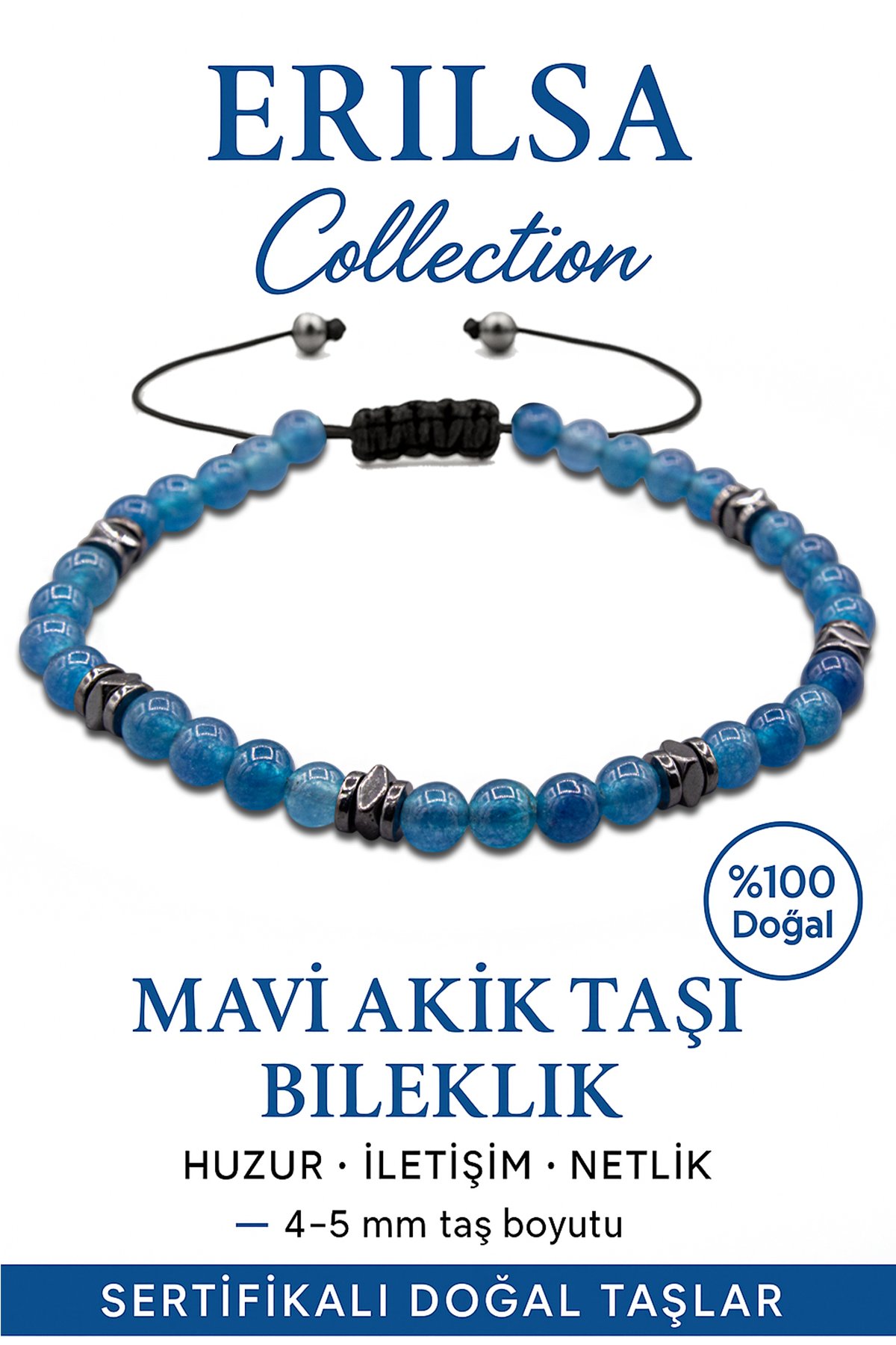 Sertifikalı Terahertz - Mavi Akik Taşı Bileklik - İnce Model İletişim Gücü ve Huzur Verir
