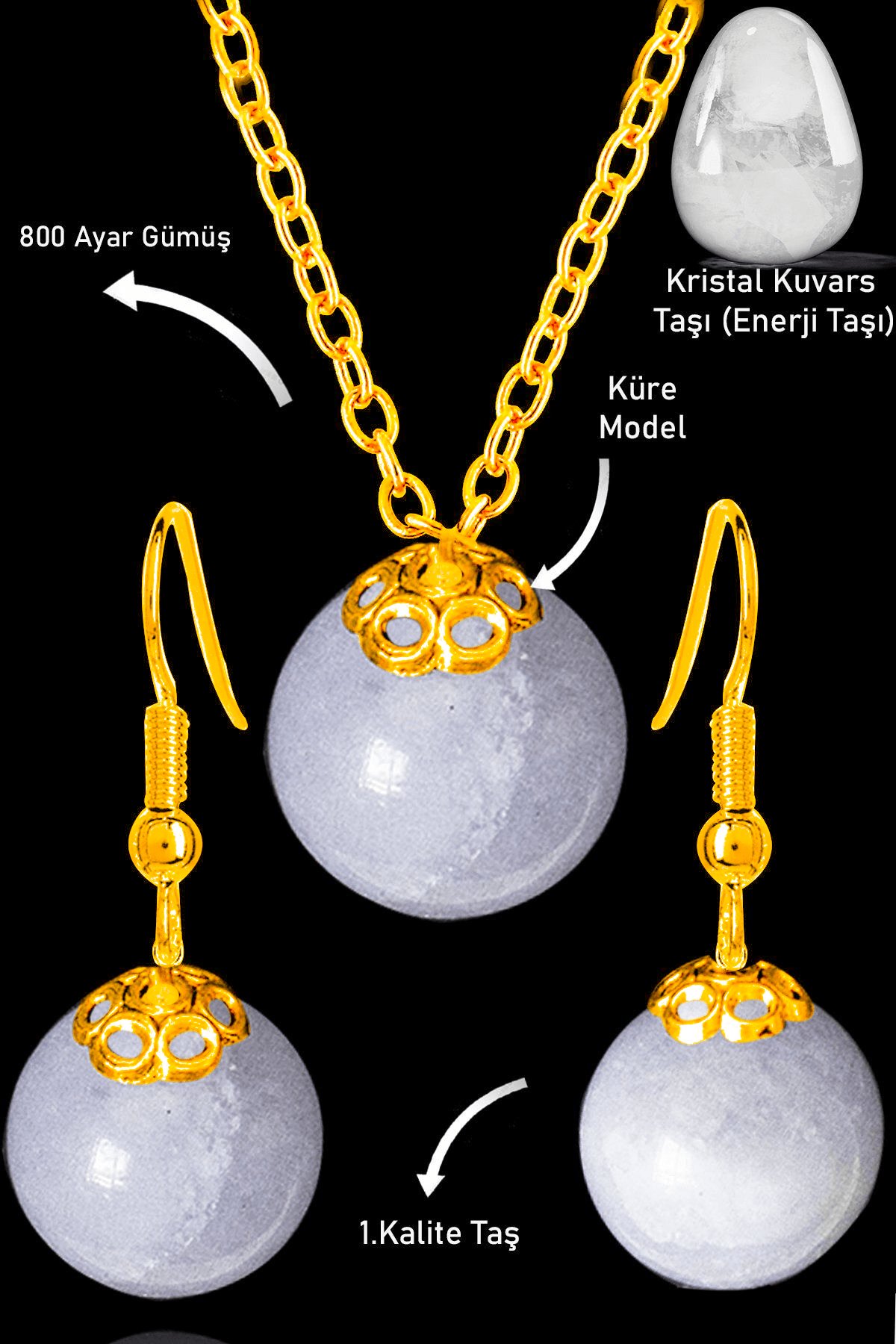Sertifikalı Gold Küre Model Kristal Kuvars Taşı Kolye ve Küpe Seti - Gümüş Aparatlı